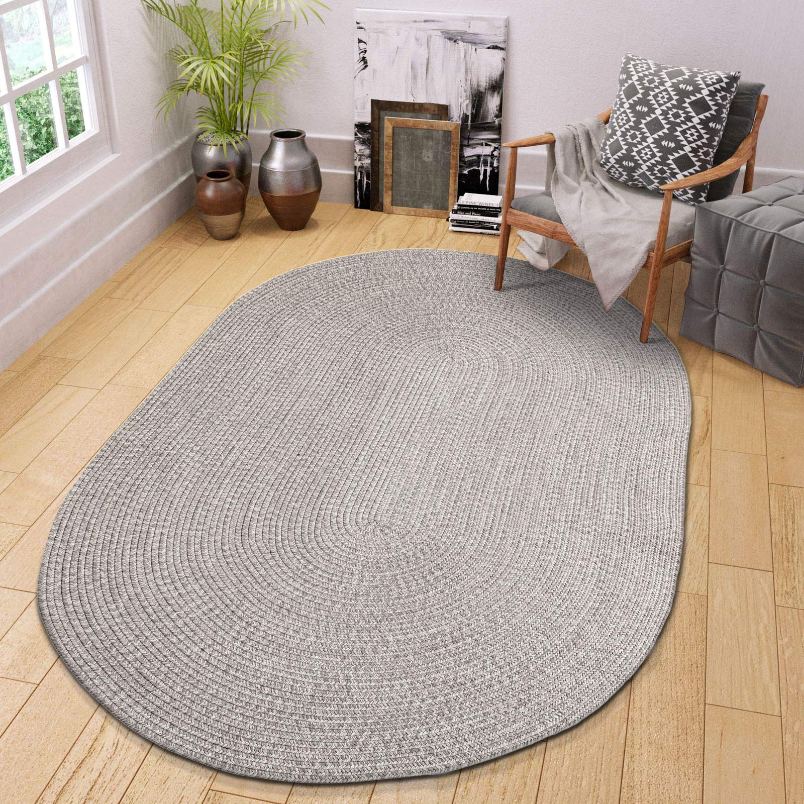 DECOMALL Azure Outdoor Braided Rugs, Oval Indoor Carpet, 5'x8', Grey