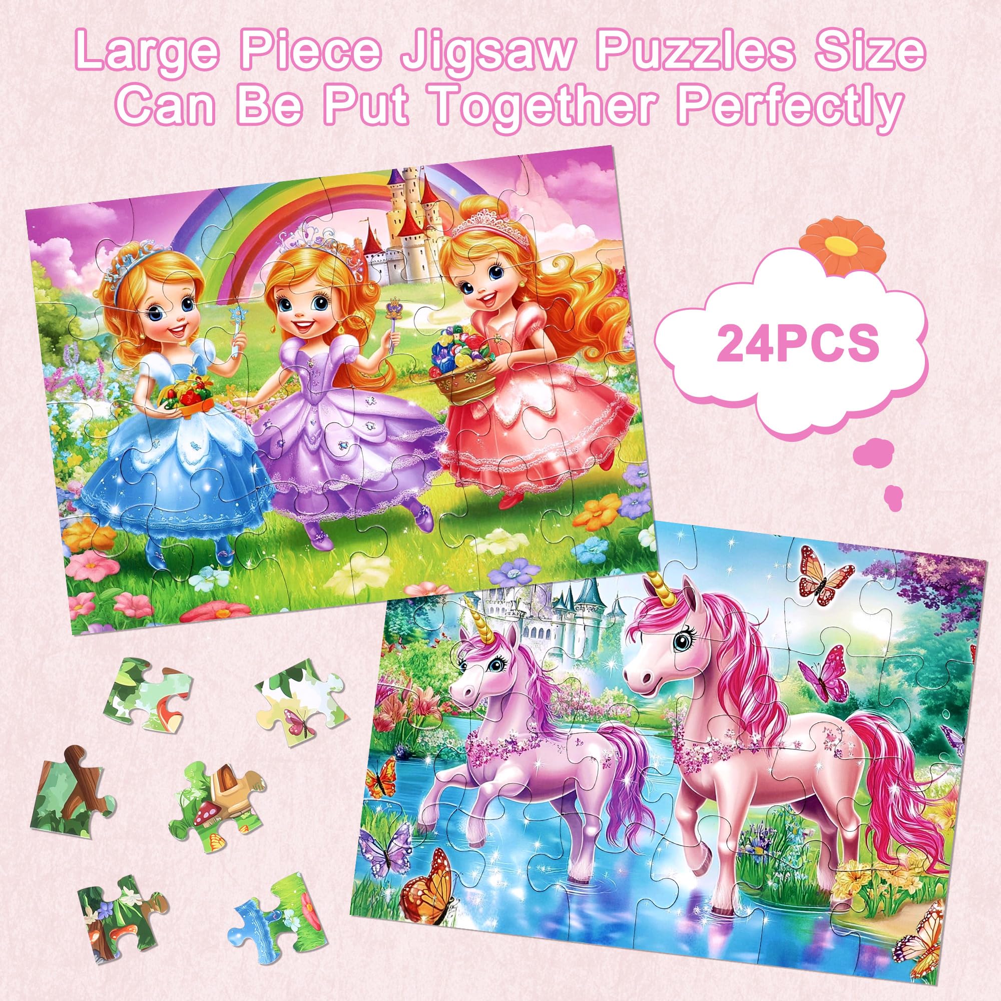 MZZOTOY 6 Puzzles für Kinder im Alter von 4-6 Jahren, 24 Puzzleteile Prinzessin und Einhorn für Kinder von 3-5 Jahren, 4-8, Lernspielzeug für Vorschule