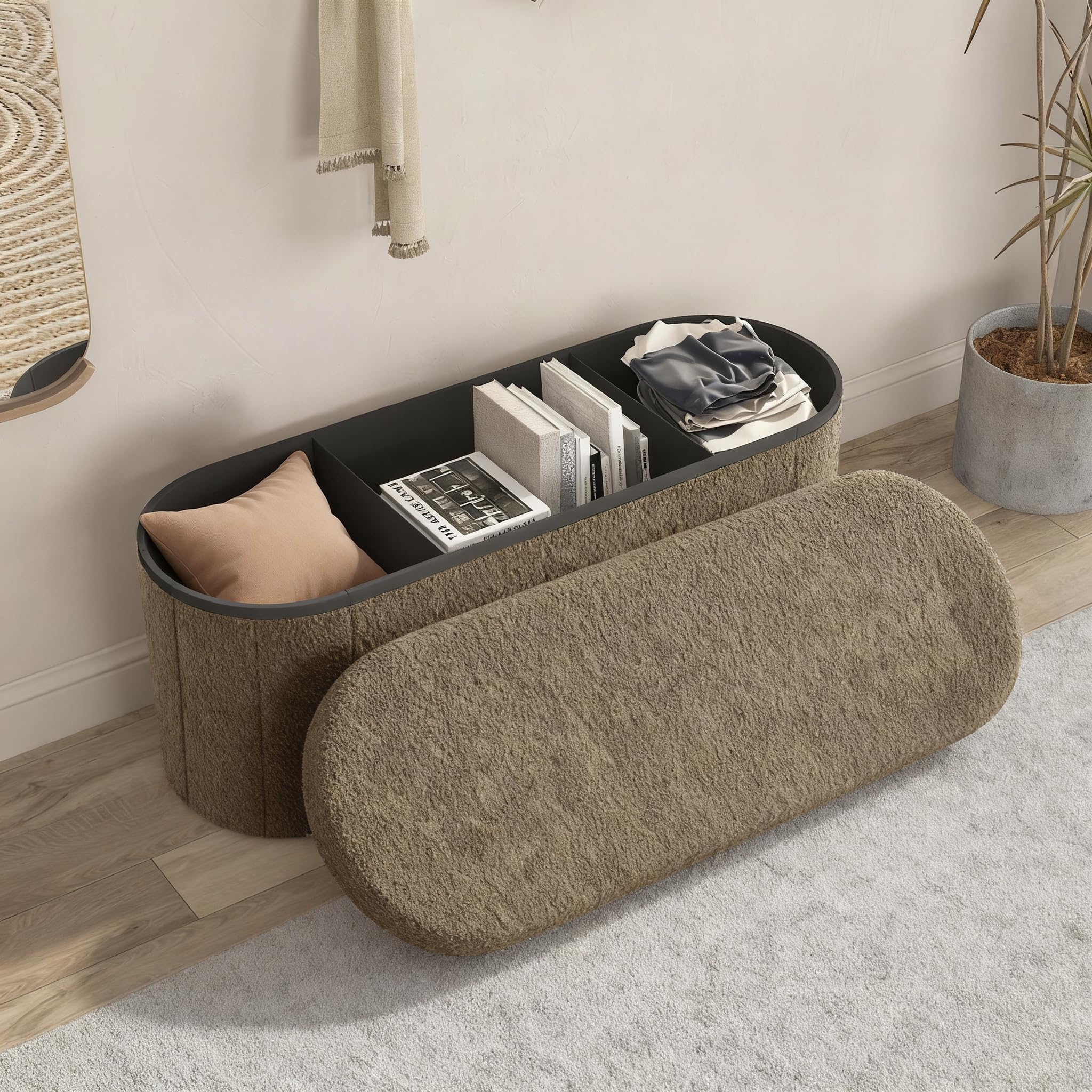 GLAXYFUR Oval Storage Ottoman Bench, Sherpa Foot Rest, 43 Inch Folding Chest for Living Room, Bedroom, Brown