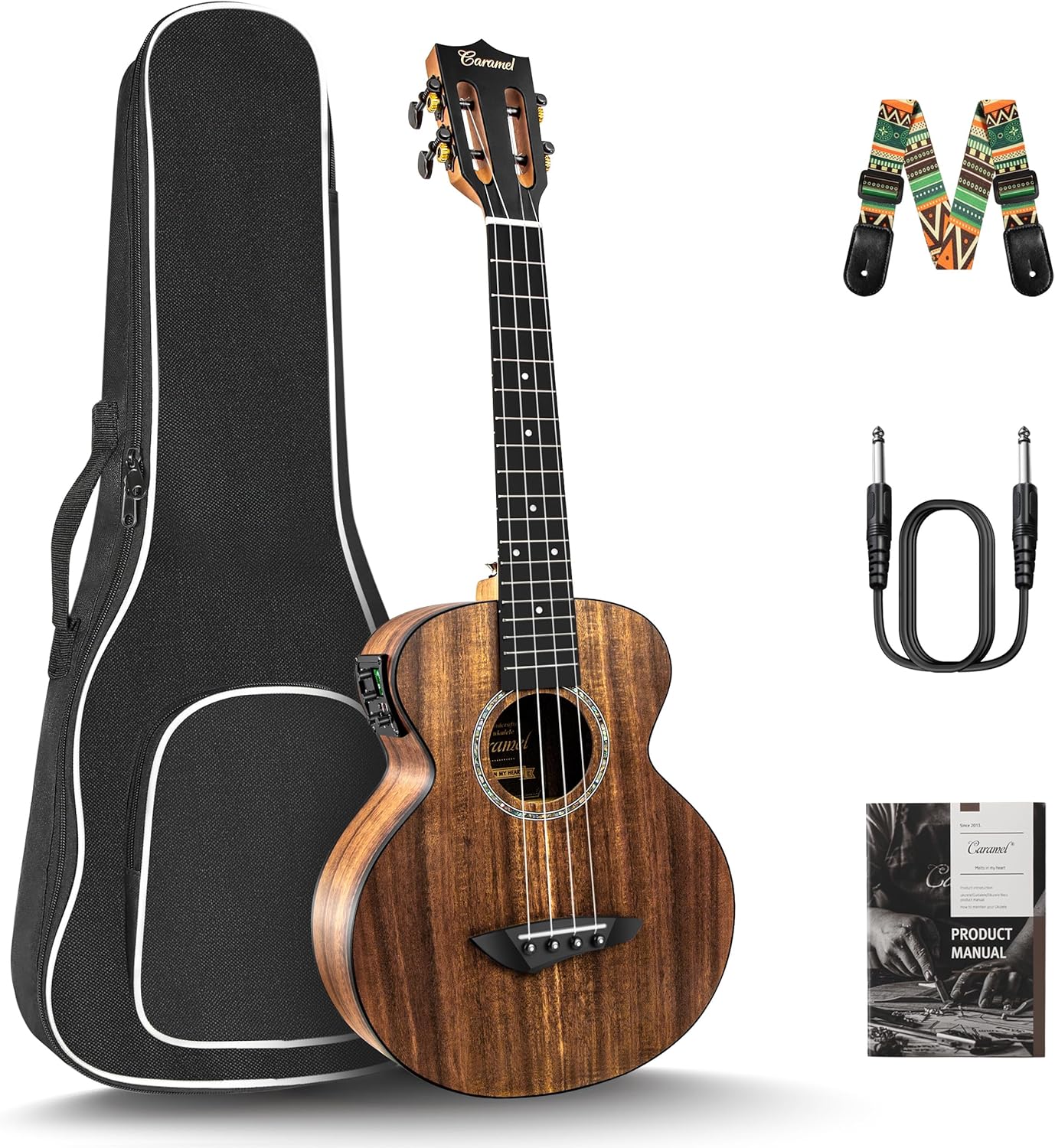 Caramel 26inch CT204 All Solid Acacia Wood Tenor Electric Ukulele Professional Ukelele Kit Beginner Guitar Starter Bundle Strings, Padded Gig Bag, Strap