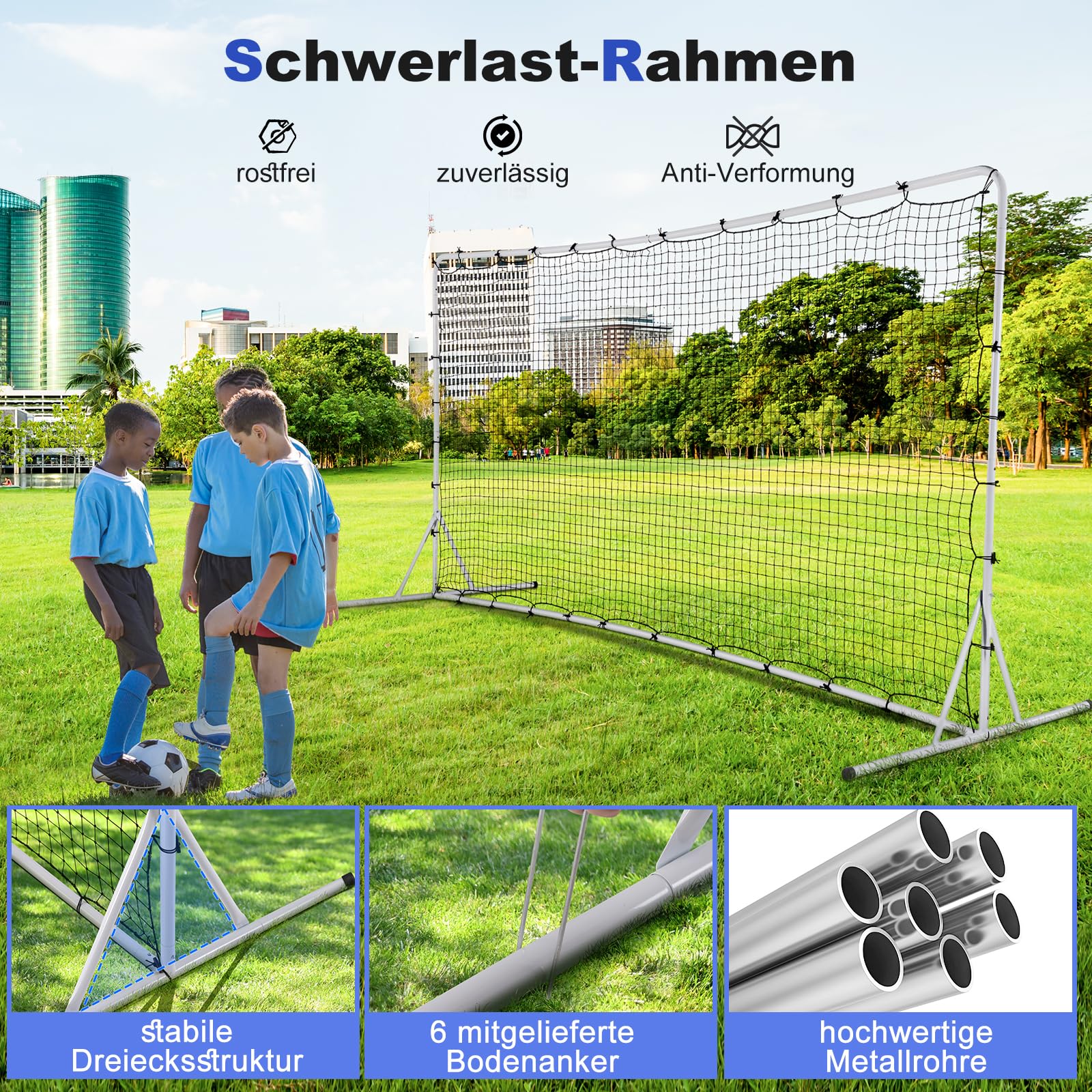 GYMAX Kickback Fußball Rebounder Tor, 372,5 x 182,5 cm, klappbar Kickback Tor, Fußballtor mit verschleißfestem Netz, Tragetasche & 6 Bodenpfählen, Fussballtore für Schule & Strand