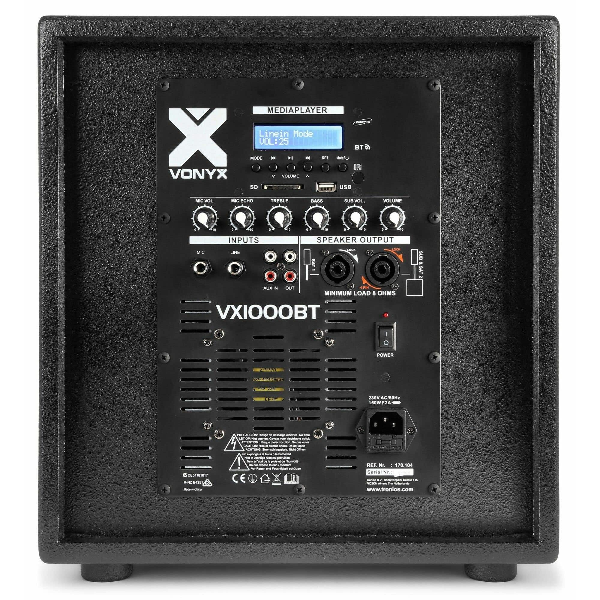 Vonyx VX1000BT PA Lautsprecher Set, Aktiv Musikanlage, 1000 Watt 2X Subwoofer, 2X Topteile, 2X Bi-amp Lautsprecherkabel, für Partys, Gigs und kleine Festivals, schwarz