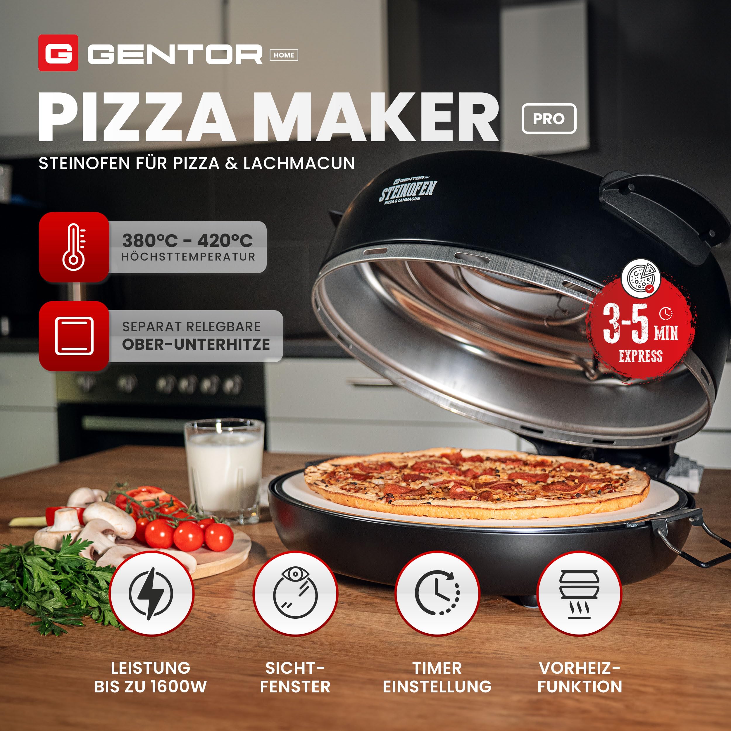 Pizzaofen elektrisch mit Pizzastein & Sichtfenster – 1600 Watt, bis 400 °C – Pizza Maker Ofen für Zuhause & Outdoor – Mini Backofen mit Ober- und Unterhitze – Pizzamaker Elektro mit Zubehör