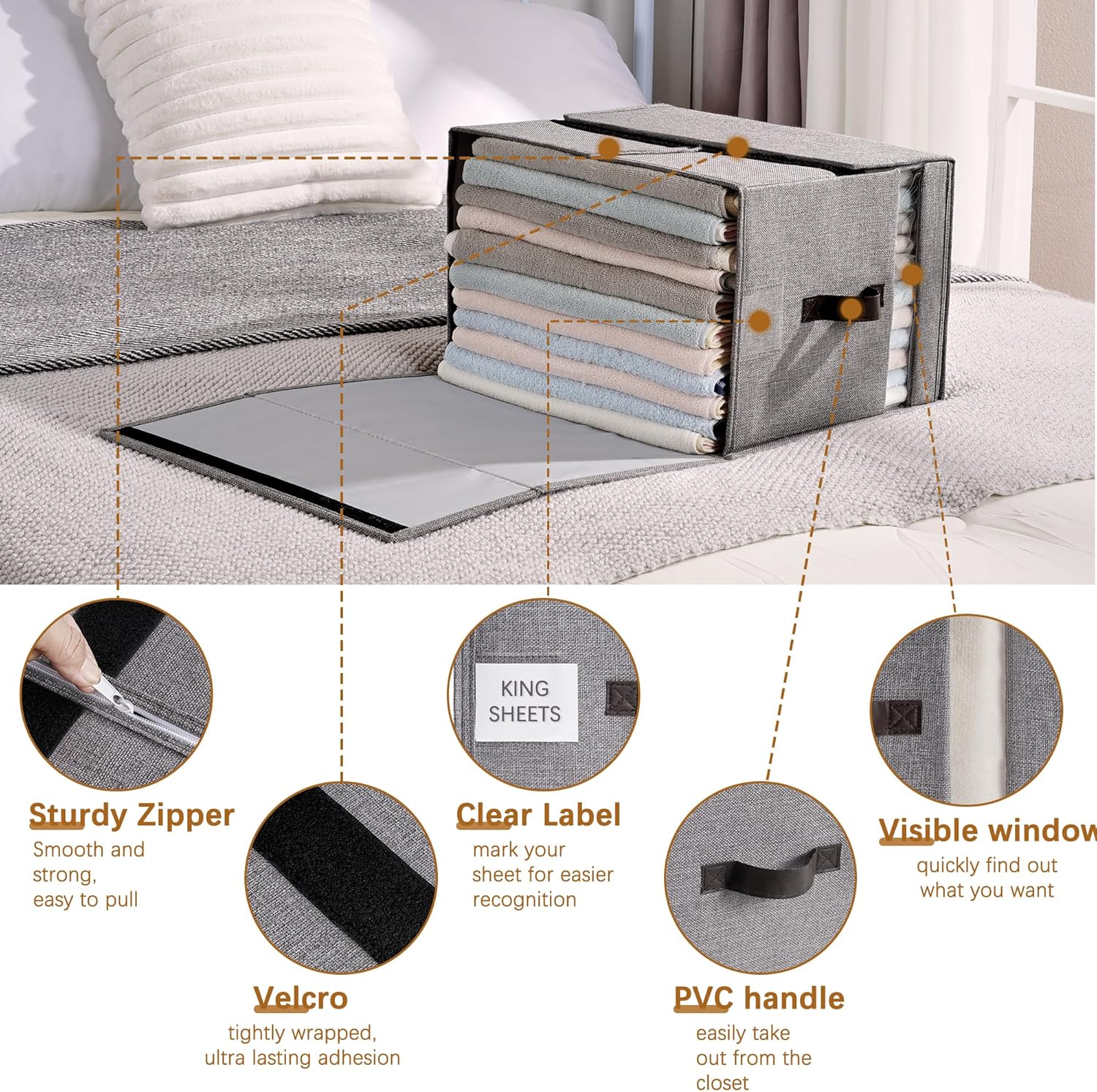 VECELO 2 IN 1 Foldable Sheet Organizer for Linen Closet with Window and Label, Bedding Storage Box for Blanket Queen and King Sheets Set Comforter Pillow, 2 Pack