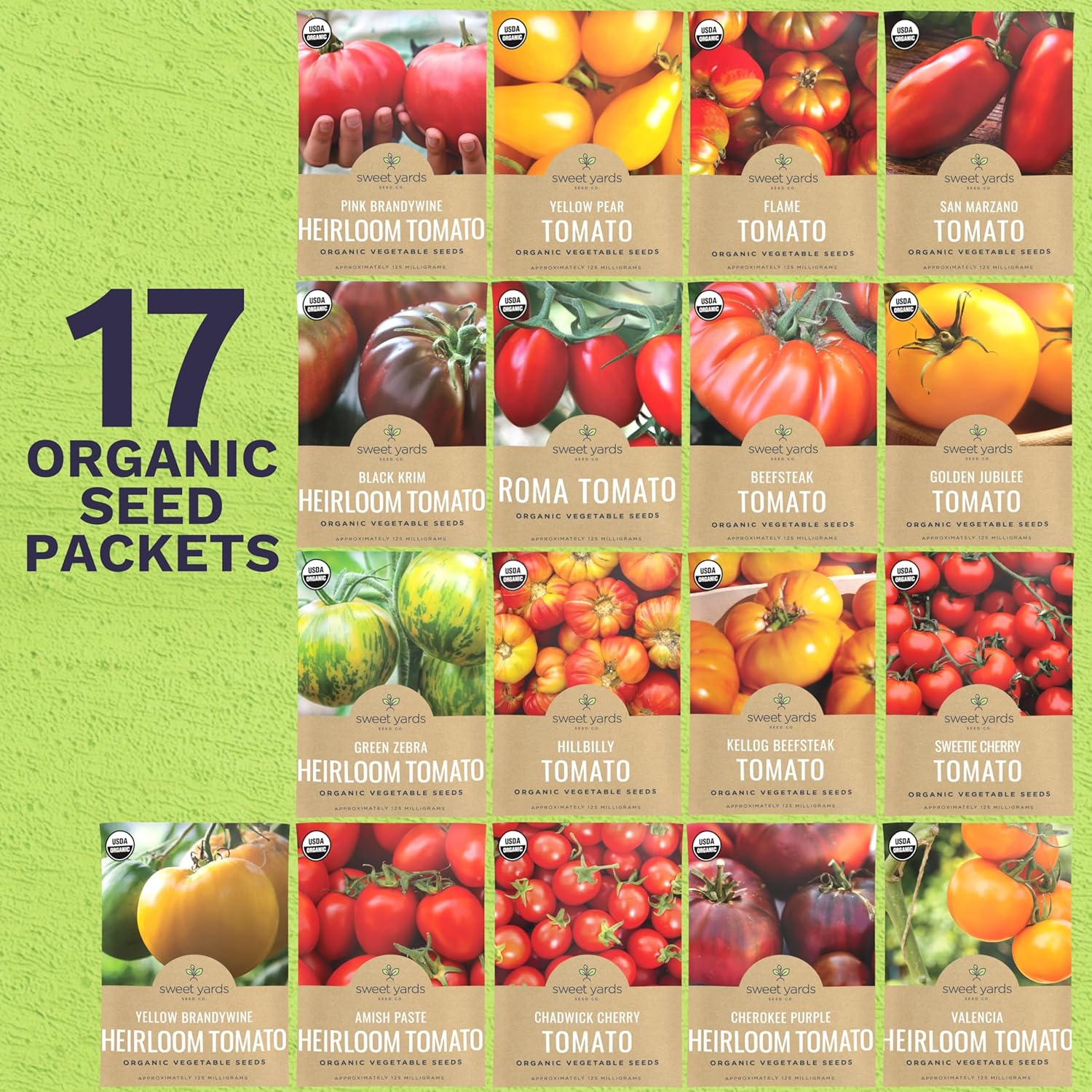 Organic Tomato Ultimate Seed Variety Pack - 17 Individual Packs - 2026 Season - Black Krim, Golden Jubilee, Cherokee Purple and More! for Indoor & Outdoor Planting (Non-GMO, Certified Organic)