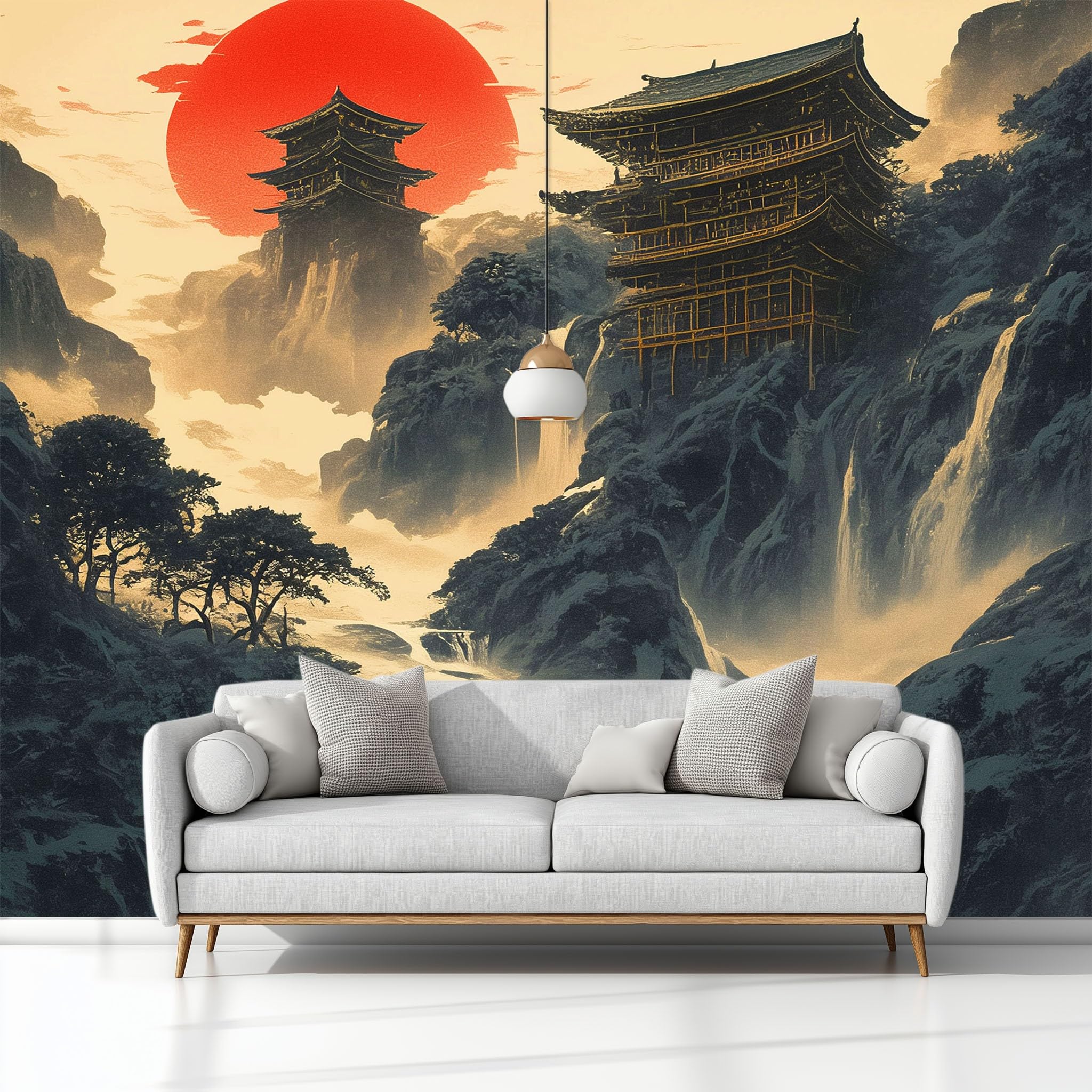 Panoramiczna tapeta 3D 200 x 140 cm japońska świątynia łańcuch górski tapeta z włókniny, plakat ścienny do salonu, dekoracji pokoju dziecięcego, łatwy montaż, niebiesko-szara