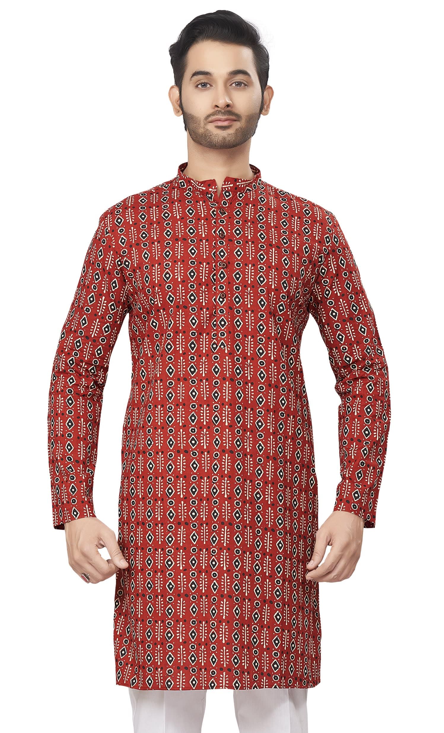 studio shringaar Men 100% Cotton Relaxed Fit Block Printed Knee Length Kurta (187)-picture-38