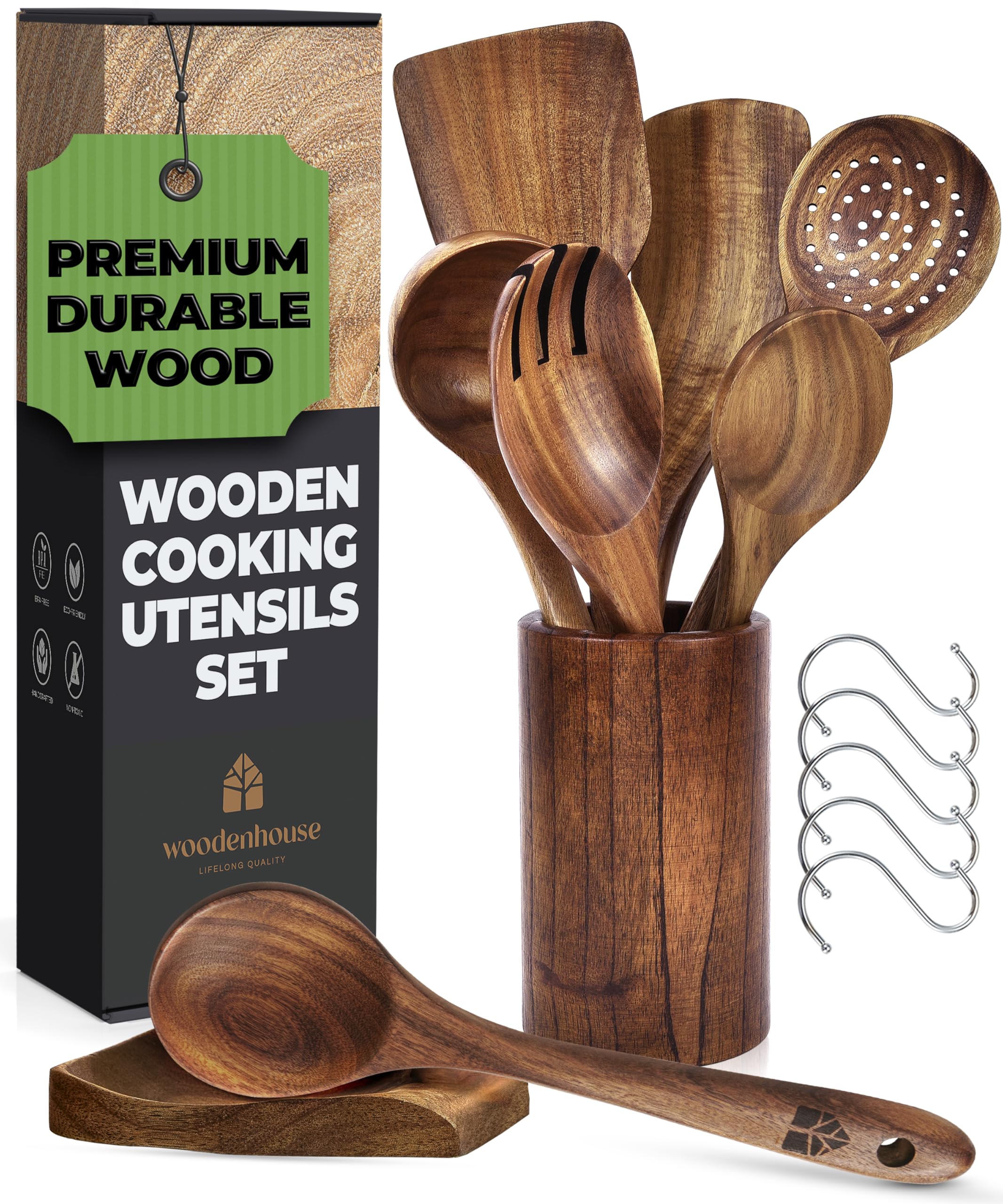 Wooden Spoons for Cooking – Wooden Utensils for Cooking Set with Holder, Spoon Rest & Hanging Hooks, Teak Wood Nonstick Kitchen Cookware – Durable Set of 8pcs by Woodenhouse