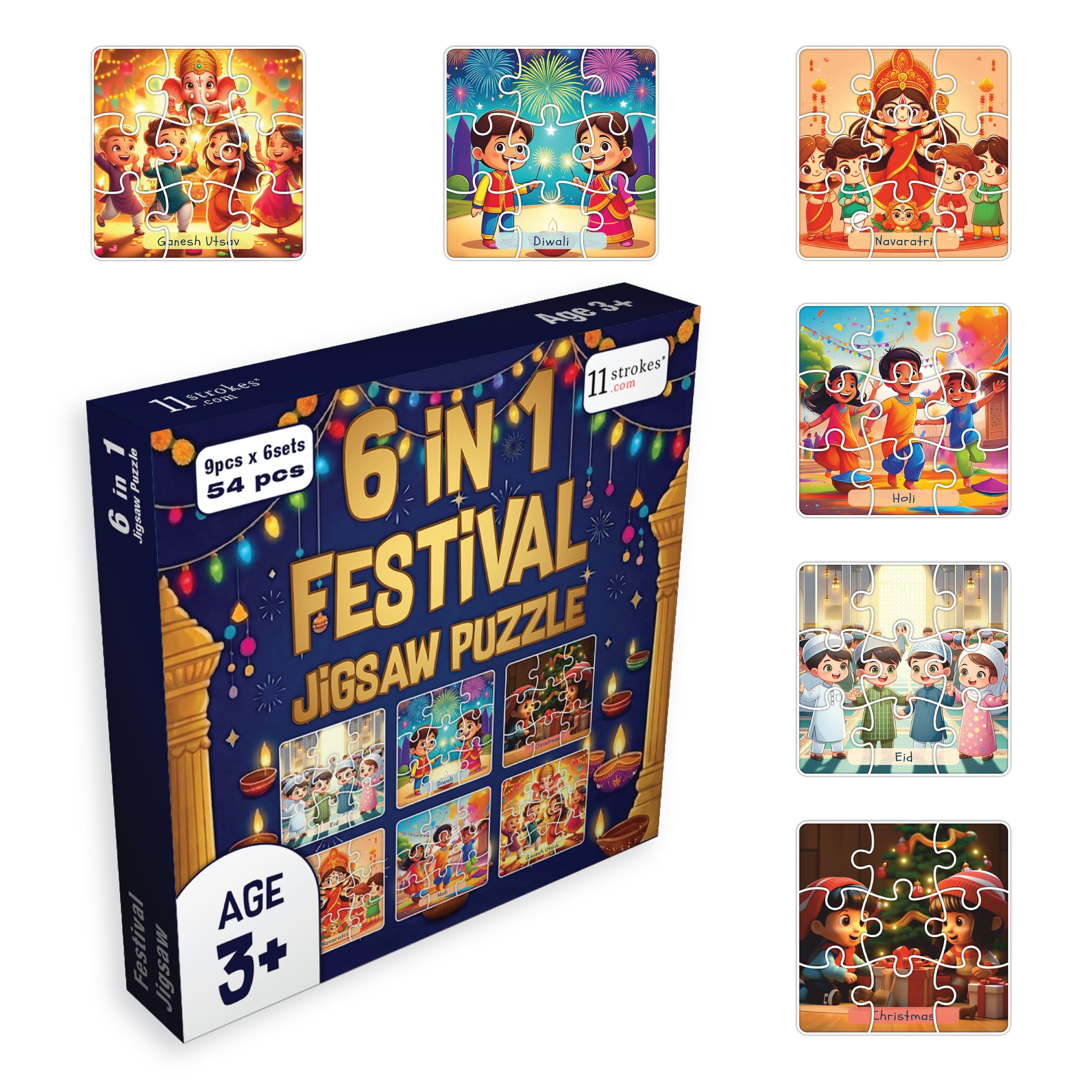 11 Strokes 6 in 1 Festival Jigsaw Puzzle for Kids Age 3+ | 54 Pieces | Diwali Holi Christmas Eid Dussehra Onam | Premium MDF | Indian Festivals Educational Toy-image-32