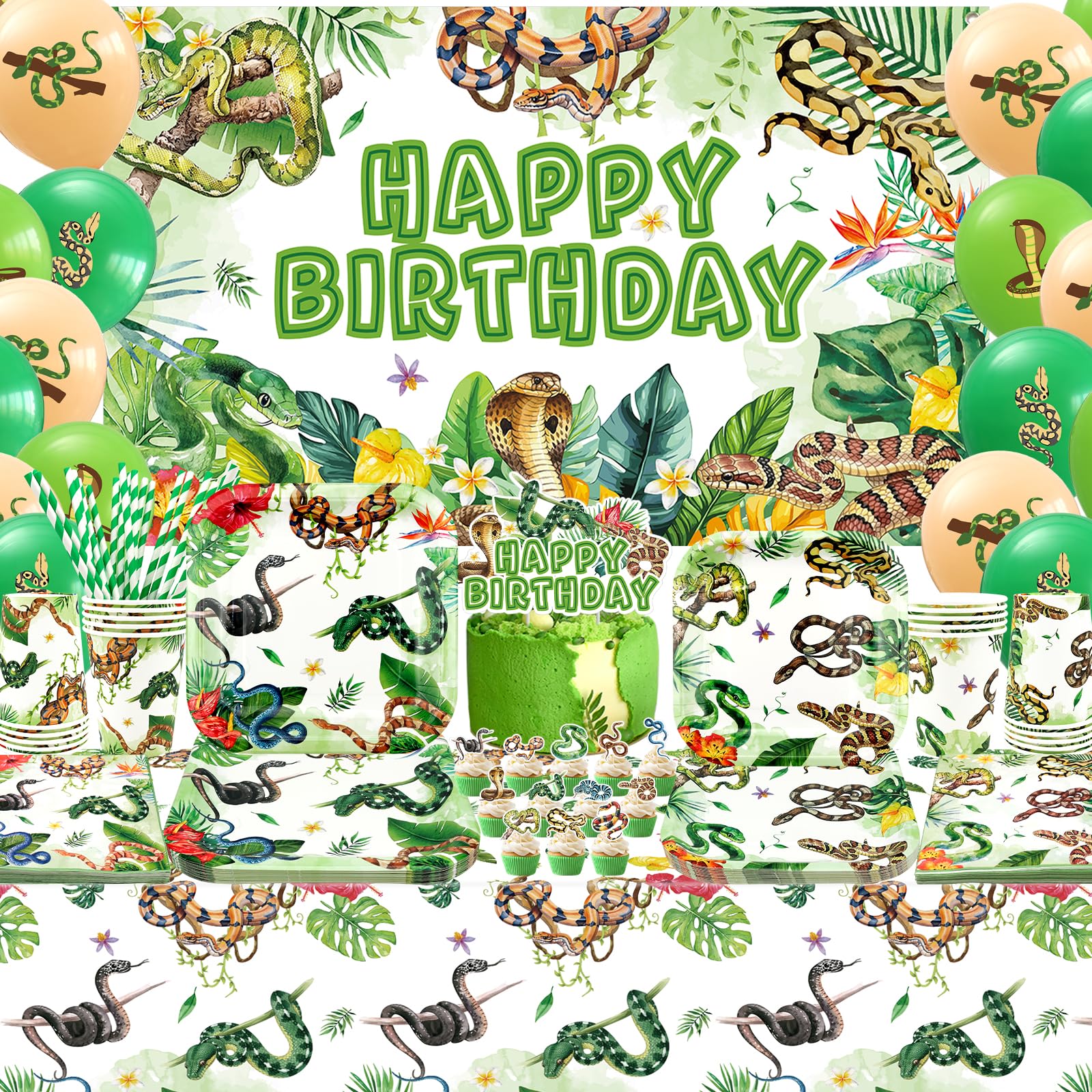 Obussgar Snake Party Decorations - Snake Party Supplies including Banner, Plate, Cake Topper, Cup, Napkin, Tablecloth - Serves 20 (BJ)
