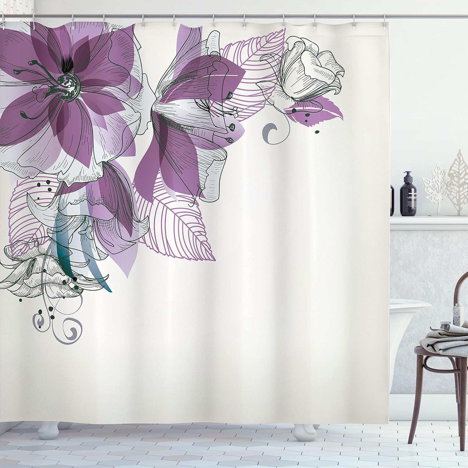 Ambesonne Flowers Shower Curtain, Buds Leaf at The top Left Corner Season Celebrating Theme Illustration, Cloth Fabric Bathroom Decor Set with Hooks, 69" W x 84" L, Violet White