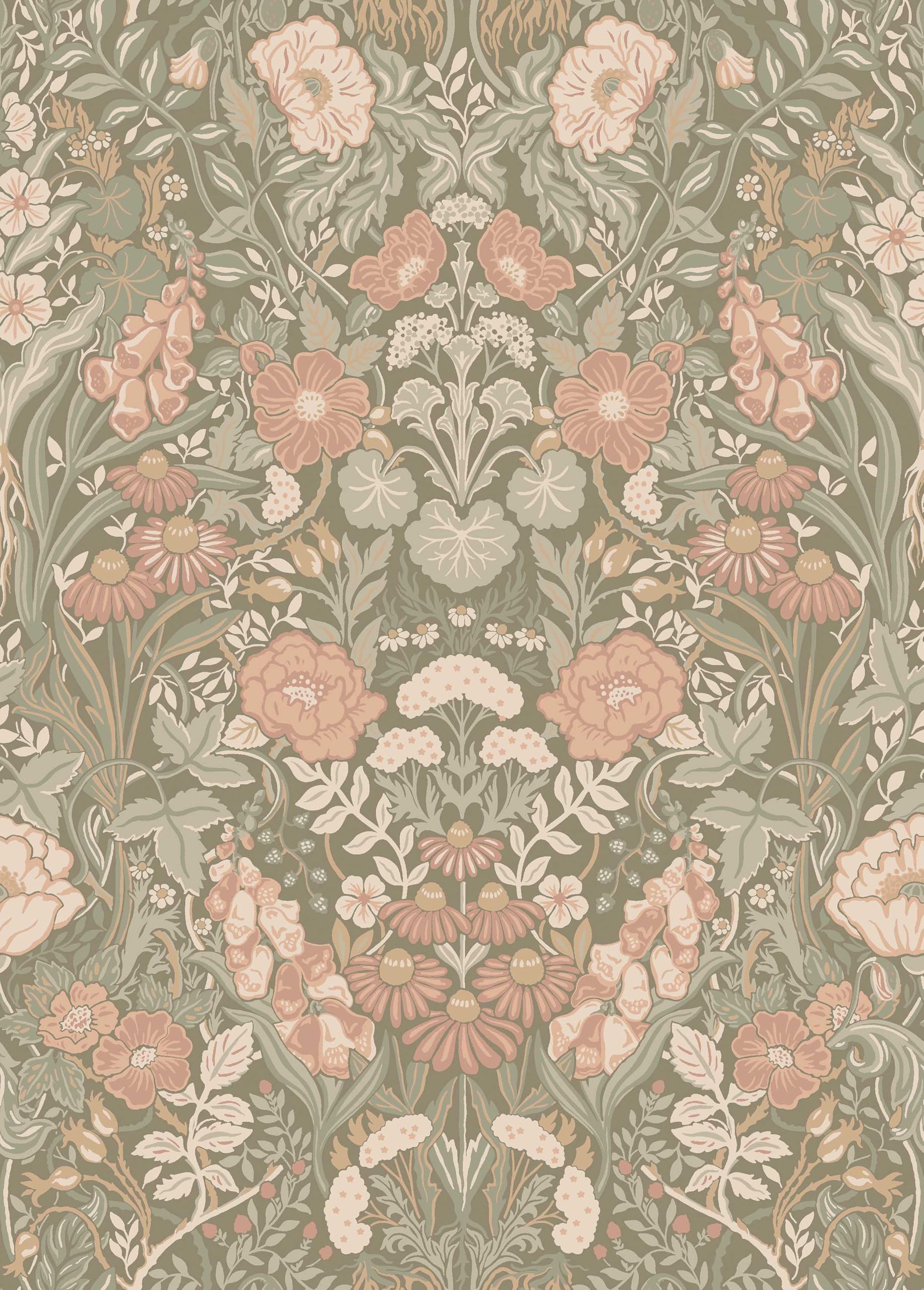 Papier peint floral rose et vert Orangeri pour un salon classique et lumineux