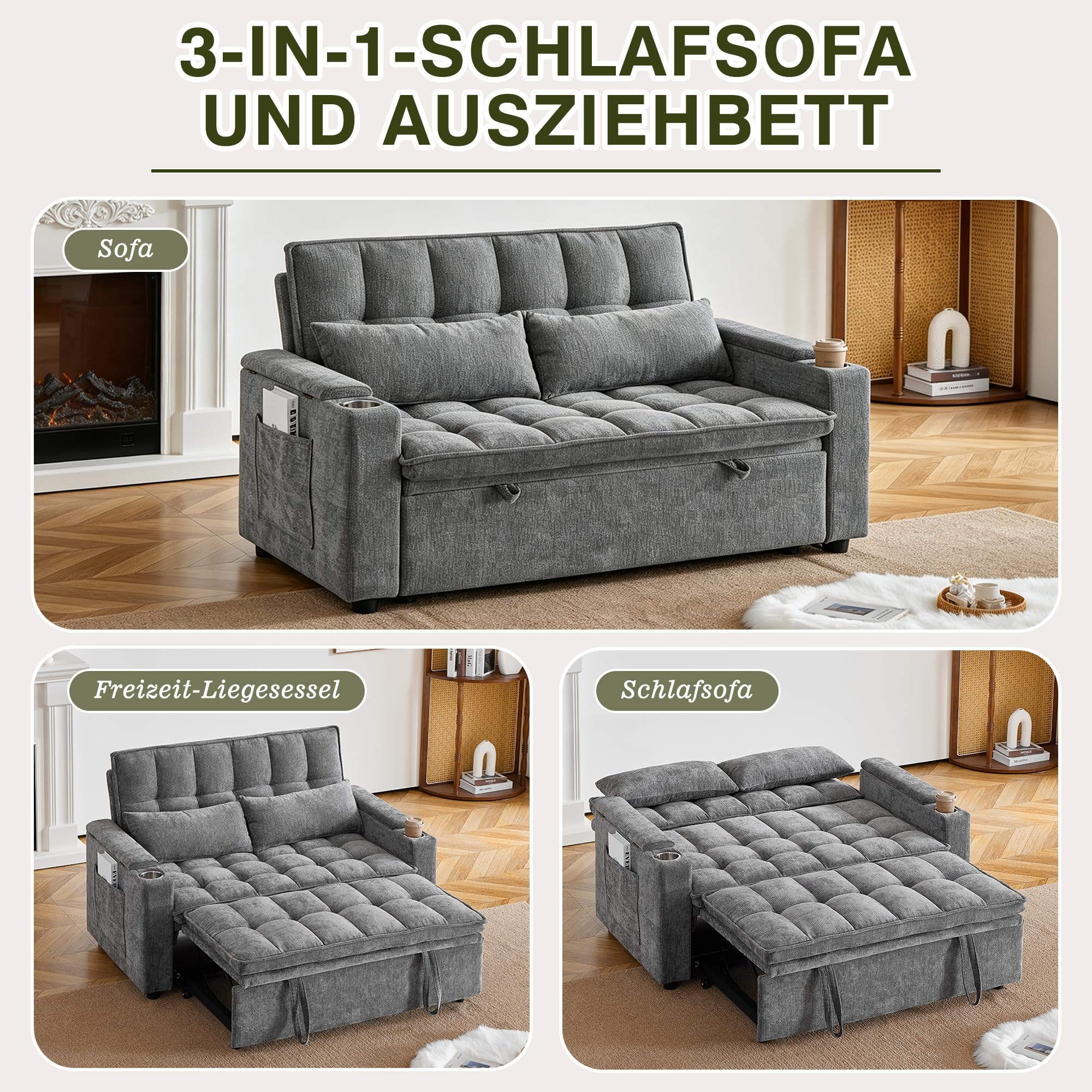 Canape Dangle Convertible, Canapé 2 Places Convertible 142cm, 3-en-1 Canapé Lit avec Fonction Relax, 2 Coussins Lomabires, Rangements Intégrés, Poches Latérales et Porte-Gobelets, Gris