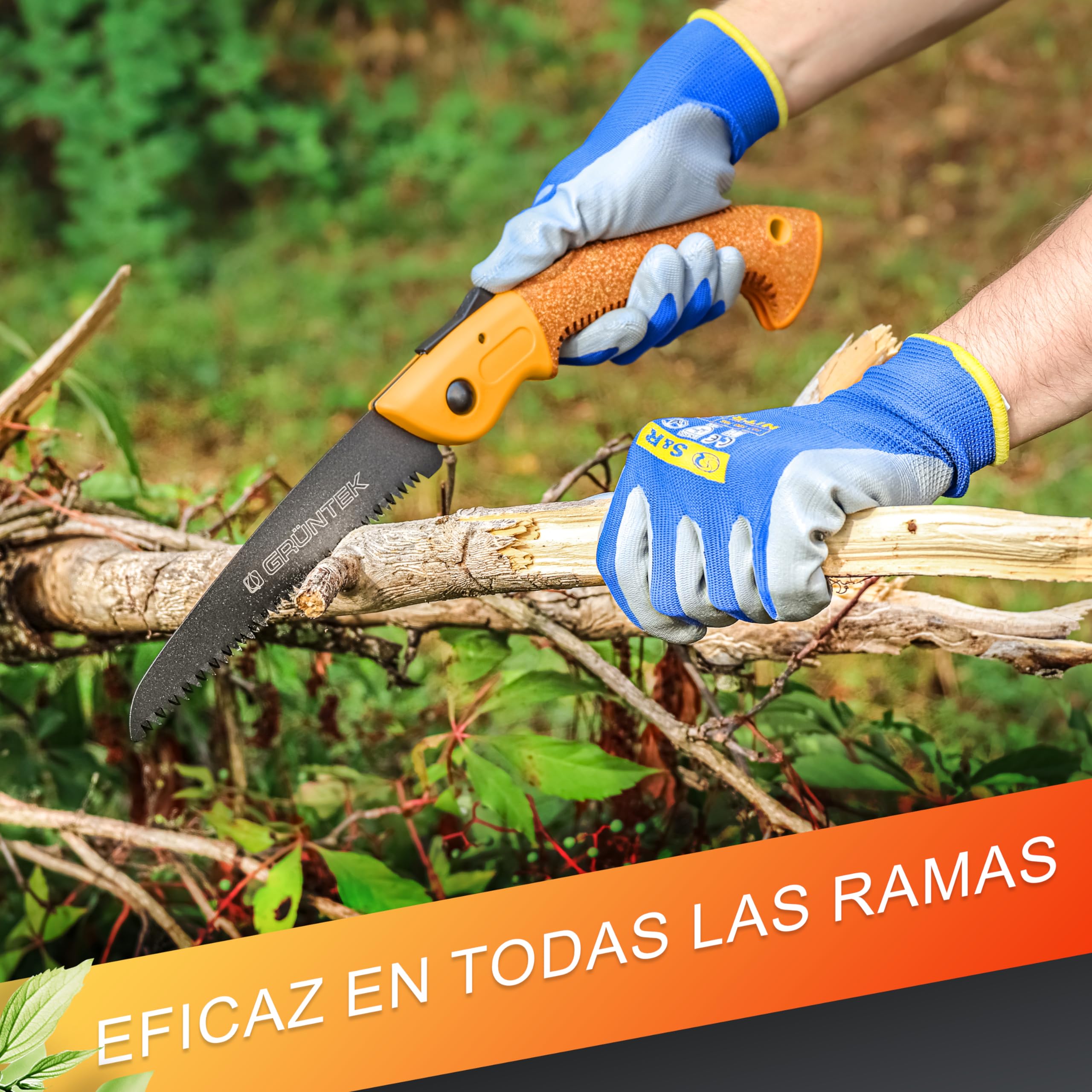 GRÜNTEK Sierra Plegable de Poda para jardinería 180 mm - Mango de corcho - Hoja de TEFLON y acero. Sierra para podar de camping y jardín