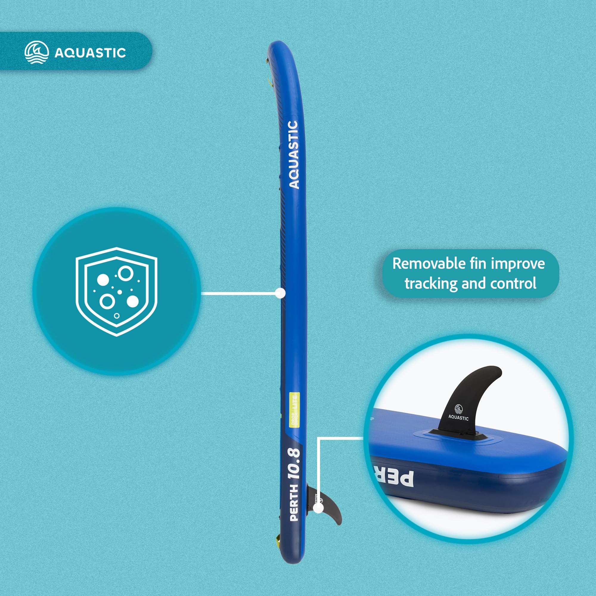 AQUASTIC Paddleboard Perth 10'8″ – zestaw SUP z plecakiem 42 × 23 × 92 cm, 3 uchwytami, siedziskiem kajakowym, 3 mm pianki EVA, balastem 9", 300 cm leash i zestawem naprawczym