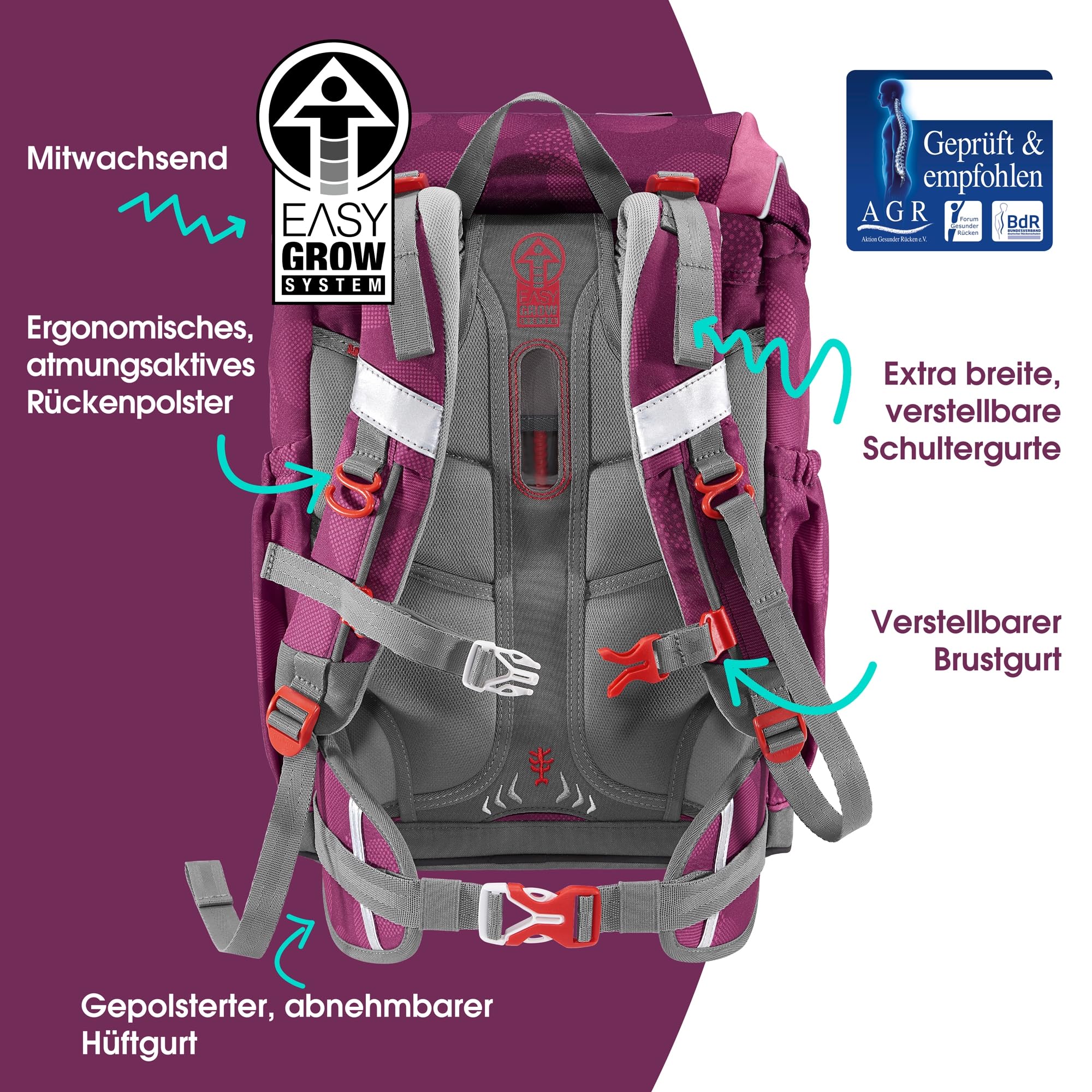 Step by Step Giant Schulranzen-Set, 5-teilig, ergonomischer Tornister mit Reflektoren, höhenverstellbar mit Hüft- und Brustgurt, ab der 1. Klasse, 23 Liter