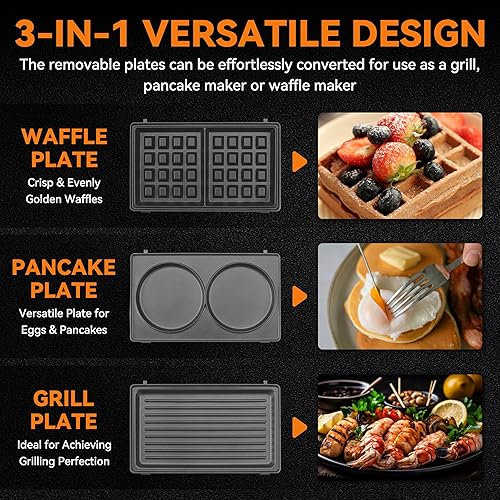 Miniatura 4 de Baker's Friend Mini waflera 3 en 1 con platos extraíbles, platos dobles para gofres y panqueques y parrilla, prensa para sándwiches de desayuno,