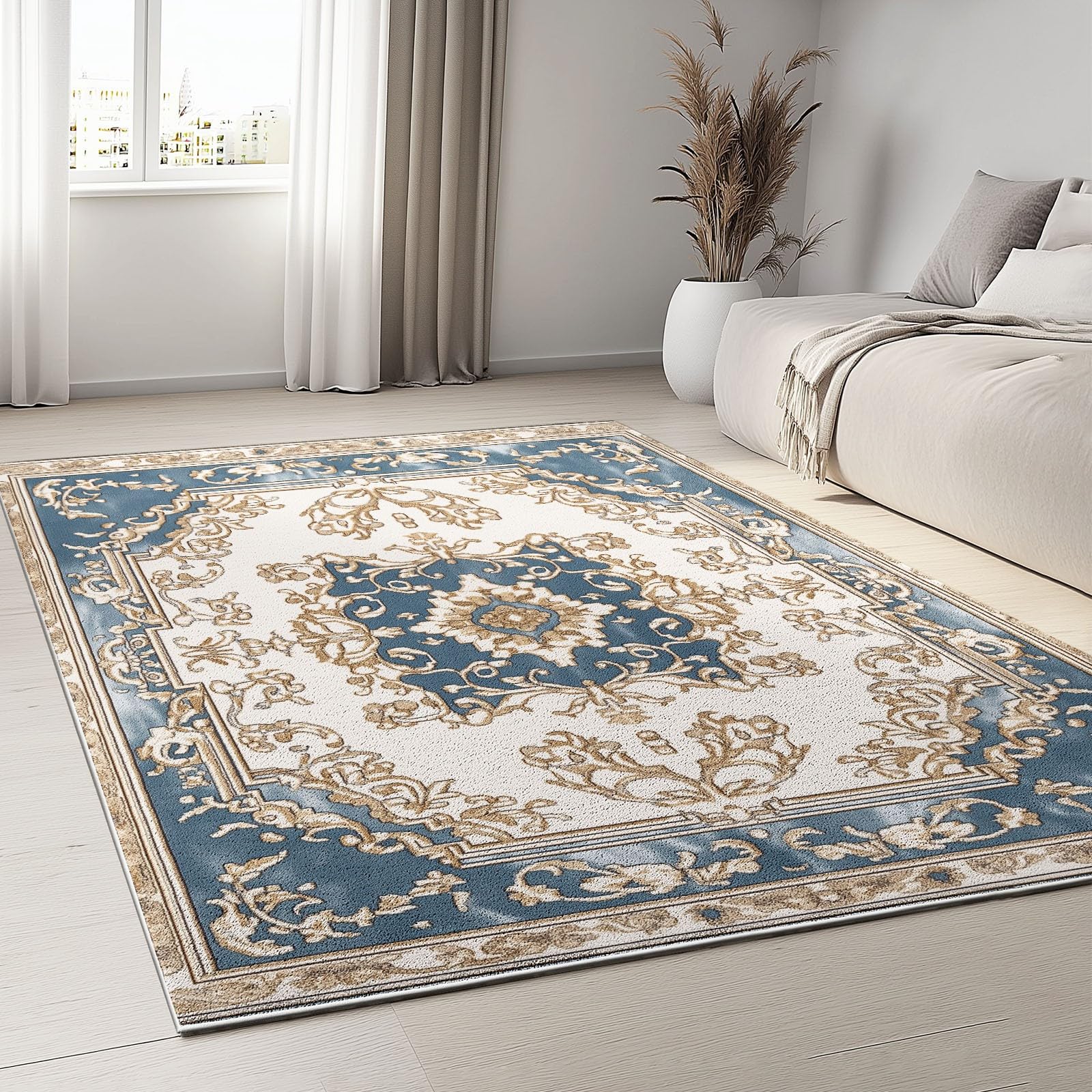 Dywan do salonu z krótkim włosiem Proste luksusowe kwiaty zmywalny design, dywaniki antypoślizgowe w różnych rozmiarach, dywaniki do salonu sypialni 120 x 180 cm, jasnoniebieski