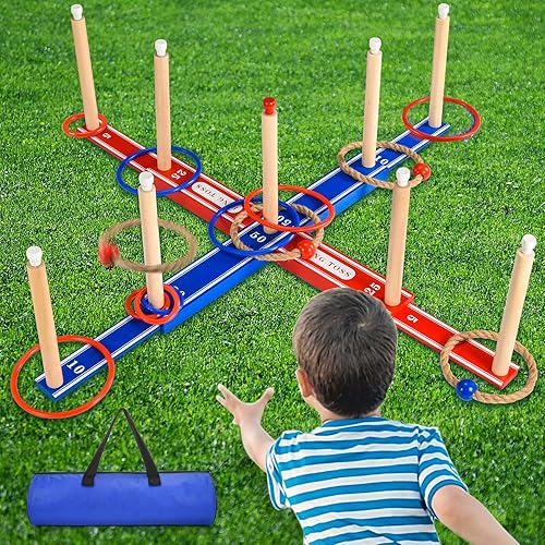 FunforFun! - Juegos para exteriores para niños de 3 a 12 juego de lanzamiento de anillos de madera grande mejorado con 30 anillos para niños de 5,