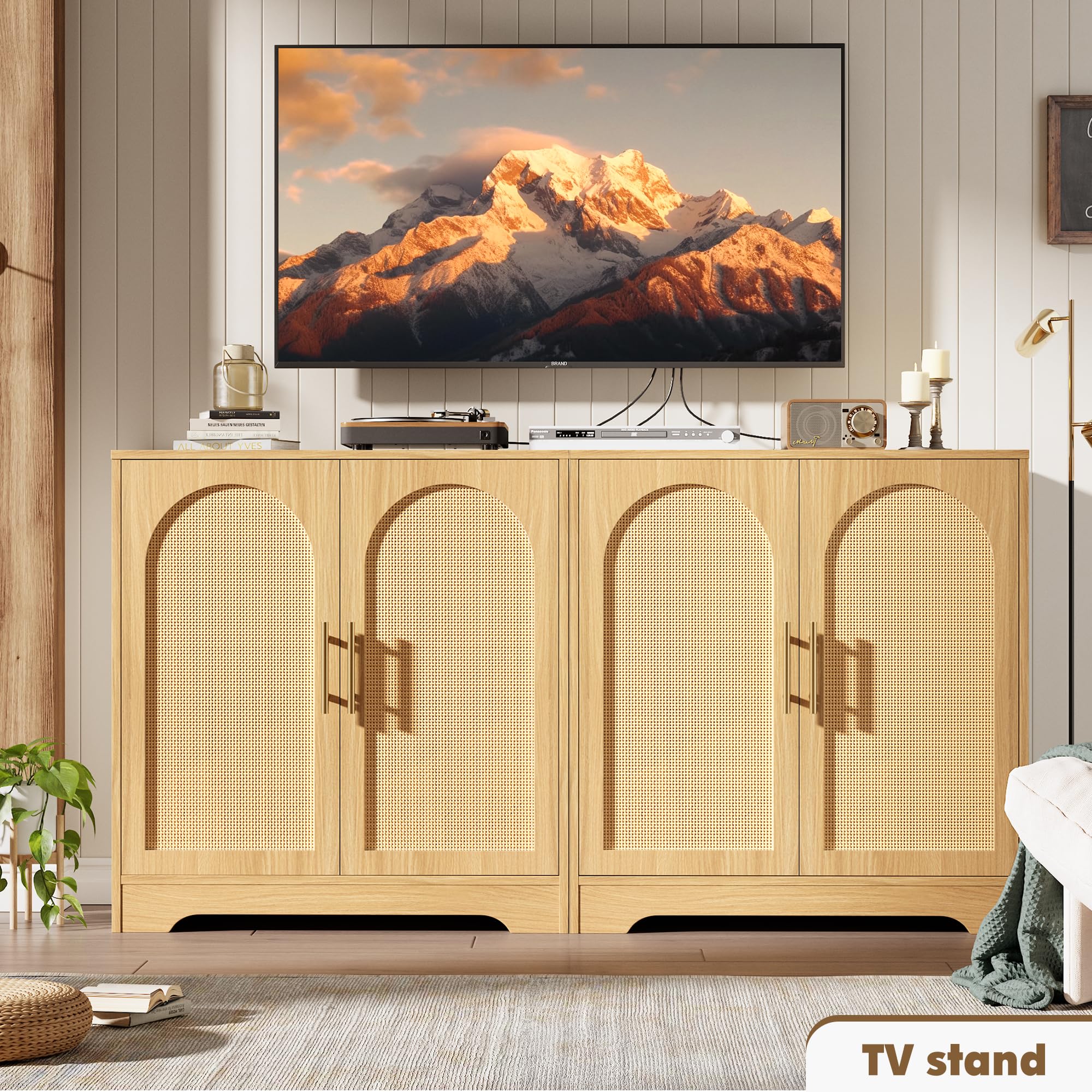 Garvee Buffet en Rotin, Meuble de Rangement Moderne Haut 76 cm avec 2 Portes, Console, Buffet d'appoint pour Salon, Salle à Manger, Entrée