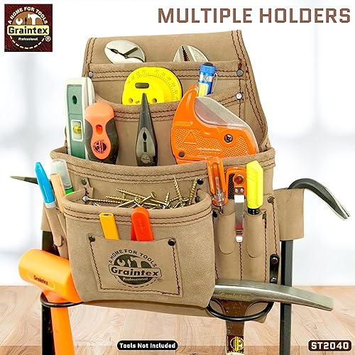 Miniatura 10 de GRAINTEX ST2040 - Bolsa de 10 bolsillos para uñas y herramientas de cuero natural de grano superior para enmarcadores, constructores, electricistas,