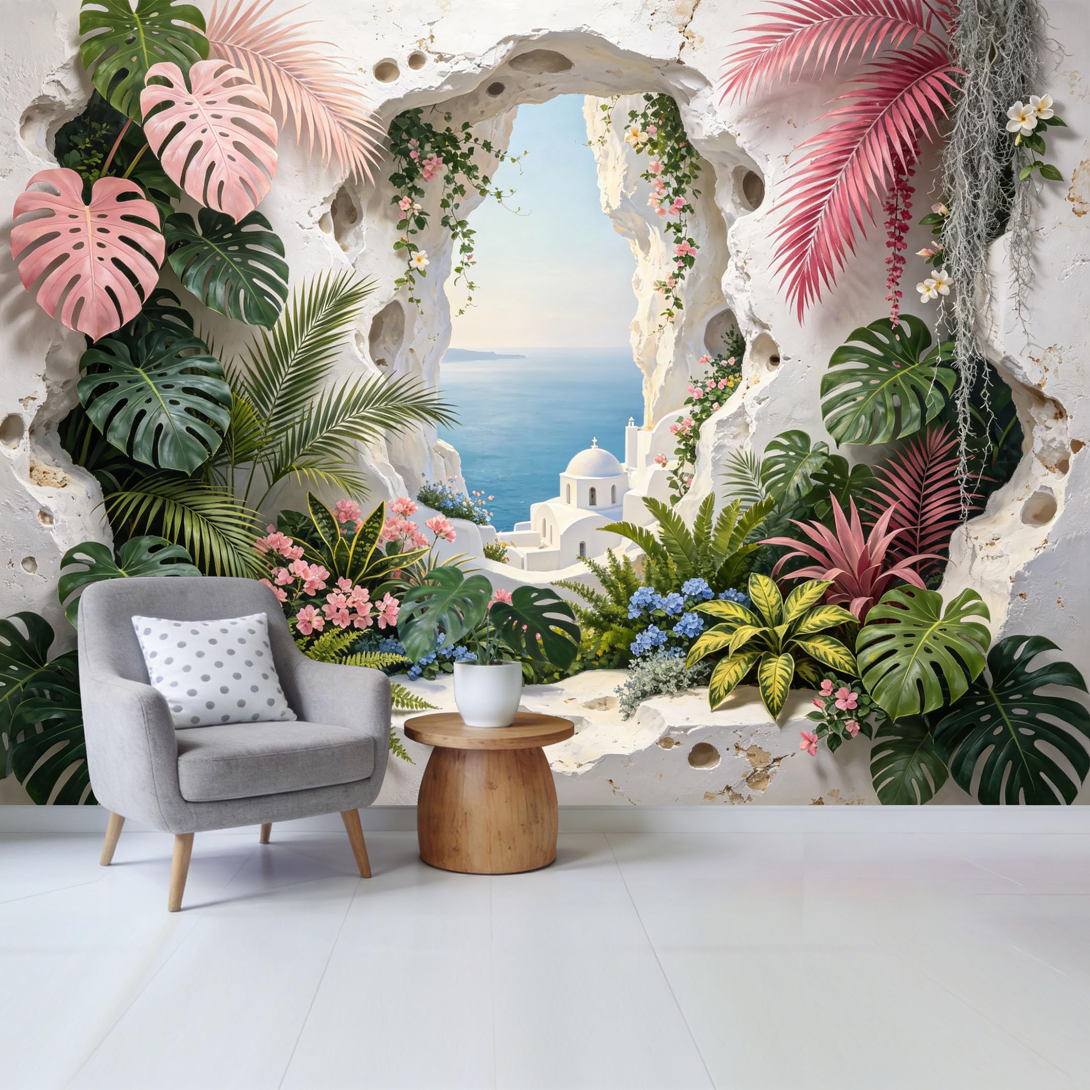 Custom Size Wall Mural Tropical Pink Botanical Mediterranean Ocean View Removable Self Adhesive Fabric， Home Wall Decor for Living Room Bedroom Bathroom 3D Trompe L'Oeil