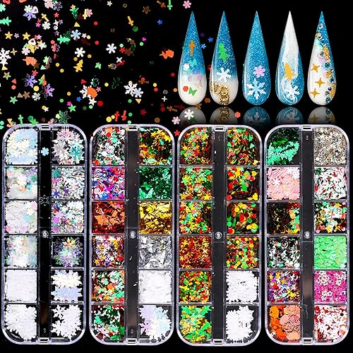 48 Grids Winter Snowflakes Nail Glitter Sequins, EBANKU Holographic Sparkly