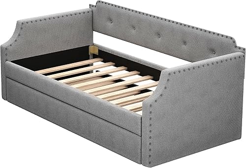 Miniatura 5 de MERITLINE Sofá cama individual con nido, sofá cama tapizado con soporte de listones de madera, marco de sofá cama de lino tamaño individual para