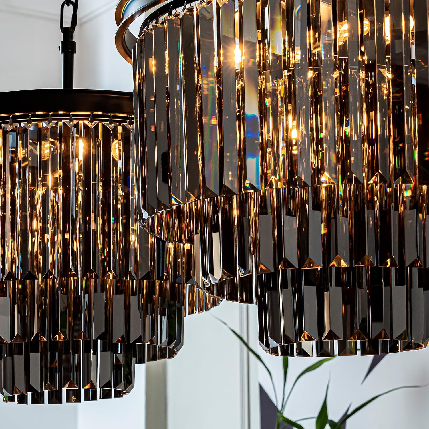 ALOADECOR 6-Light W 20 in. Modern Odeon 3-Tier Round Fringe Crystal Chandelier in Matte Black Finish Frame with Smoke Crystal Accents Dual-Use Light for Dining Room Living Room Bedroom