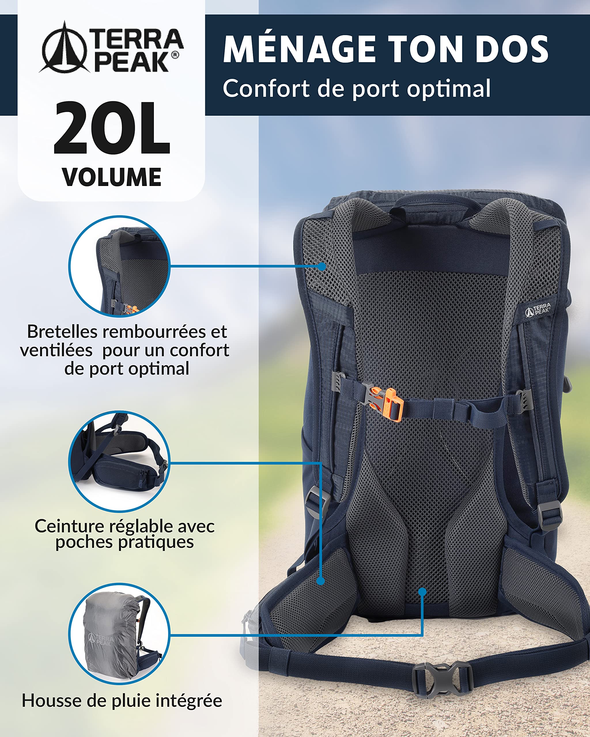 Terra Peak® Sac à dos de randonnée 20, 30, 40 L pour homme et femme (AIRANT) - Sac à dos de trekking, de voyage et d'alpinisme (ergonomique, imperméable) avec ventilation au niveau du dos (respirant)
