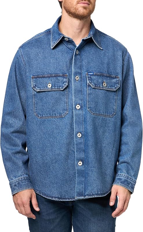 HUGO Camisa vaquera con botones y bolsillo frontal grande para hombre