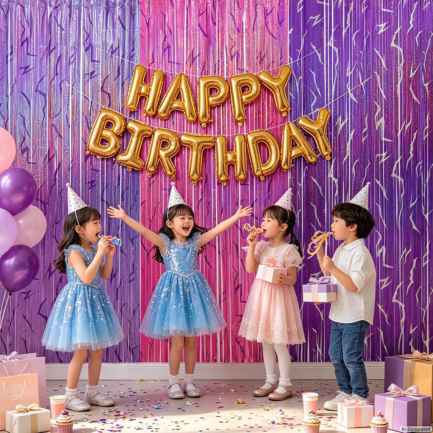 3 Pack Demon Hunters Birthday Foil Fringe Curtains Decor, Pink Purple Demon Energy Pattern Backdrop Sparkling Holographic Laser 6.6ft Streamer-Korean Idol Decor for Party Birthday Baby Shower