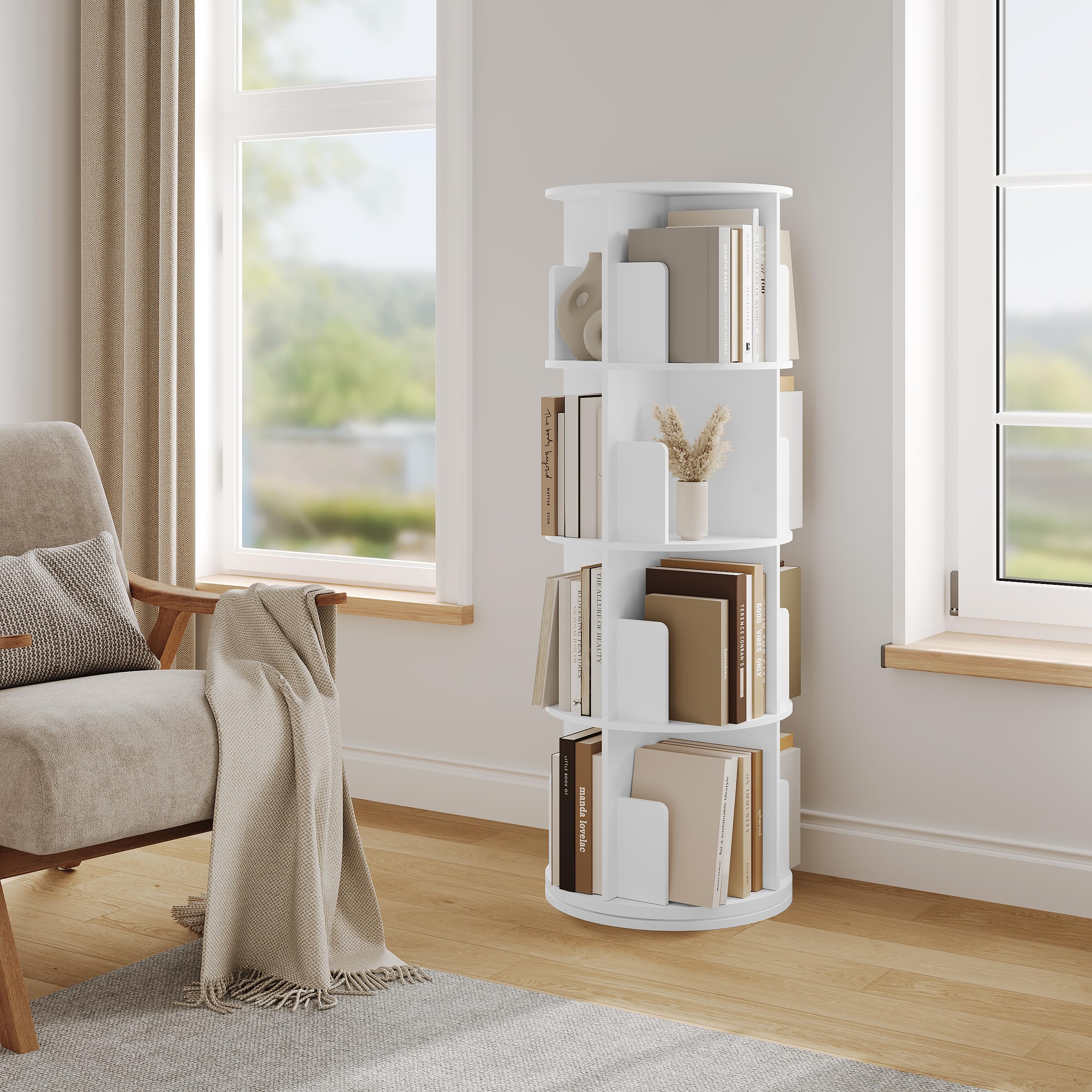 EUGAD Libreria Rotante, Libreria Angolare a 4 Livelli 16 Scomparti, Scaffale Autoportante per Soggiorno, Camera da letto, Ufficio, Studio, in Legno, Bianco