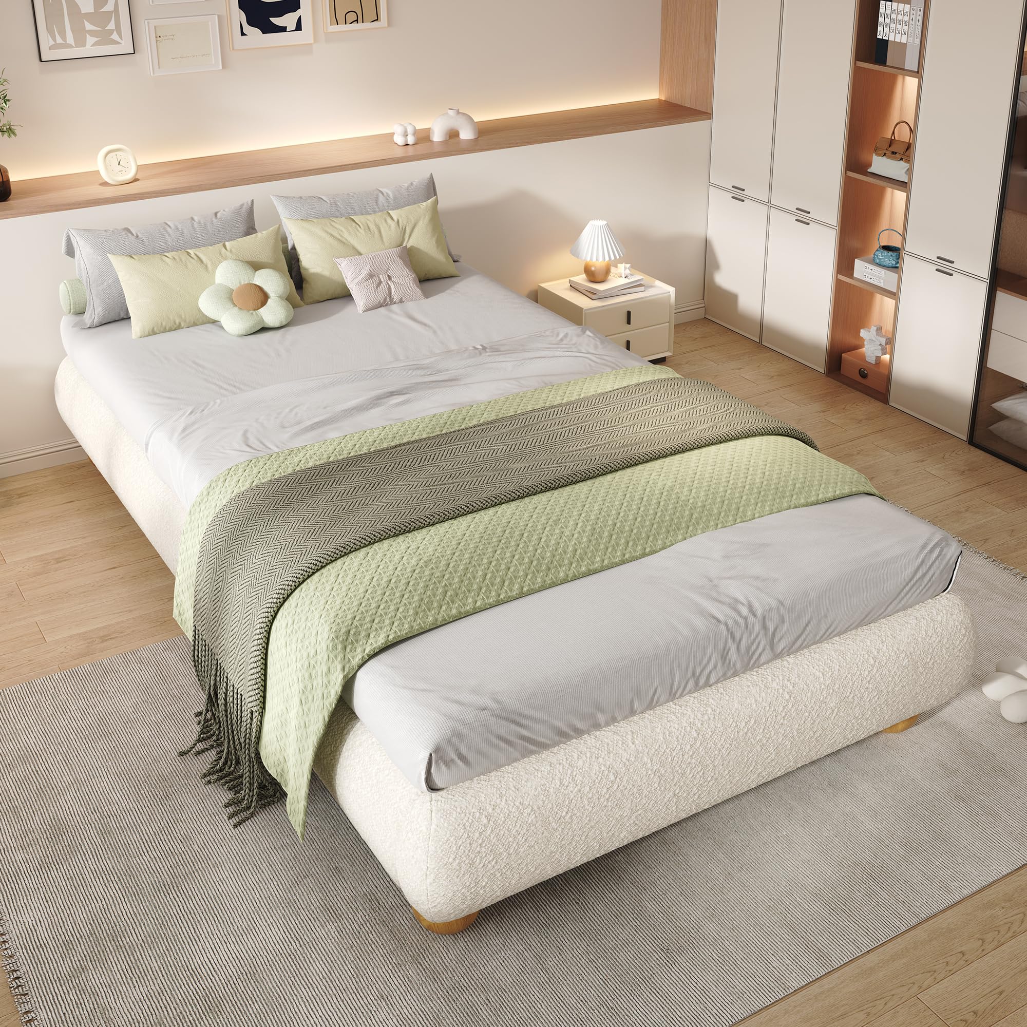 FammyLoft 3ft Single Bed, Boucle Upholstered Bed with Unique Circular Legs, Wooden Beds with Sturdy Bed Slats, Soft Beds for Bedroom and Guest Room, 90 * 190cm, Beige(No Mattress and Headboard) — image 1