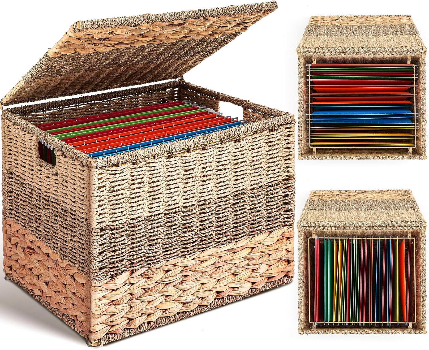 Extra Large Decorative File Box 18 x 16 x 13 in Wicker Seagrass File Basket Organizer for Letter & Legal Size Hand Woven Hanging Filing Cabinet with Lid for Home Office Decor Water Hyacinth,Tricolor Tricolor 18 x 16 x 13 in Water Hyacinth