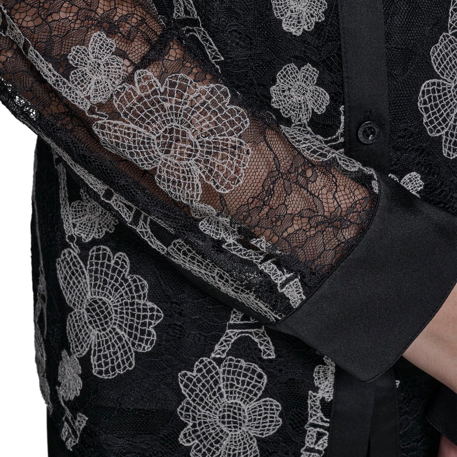 Karl Lagerfeld Women's Long Sleeve Collared Whimsical All Over Floral Lace Button Down