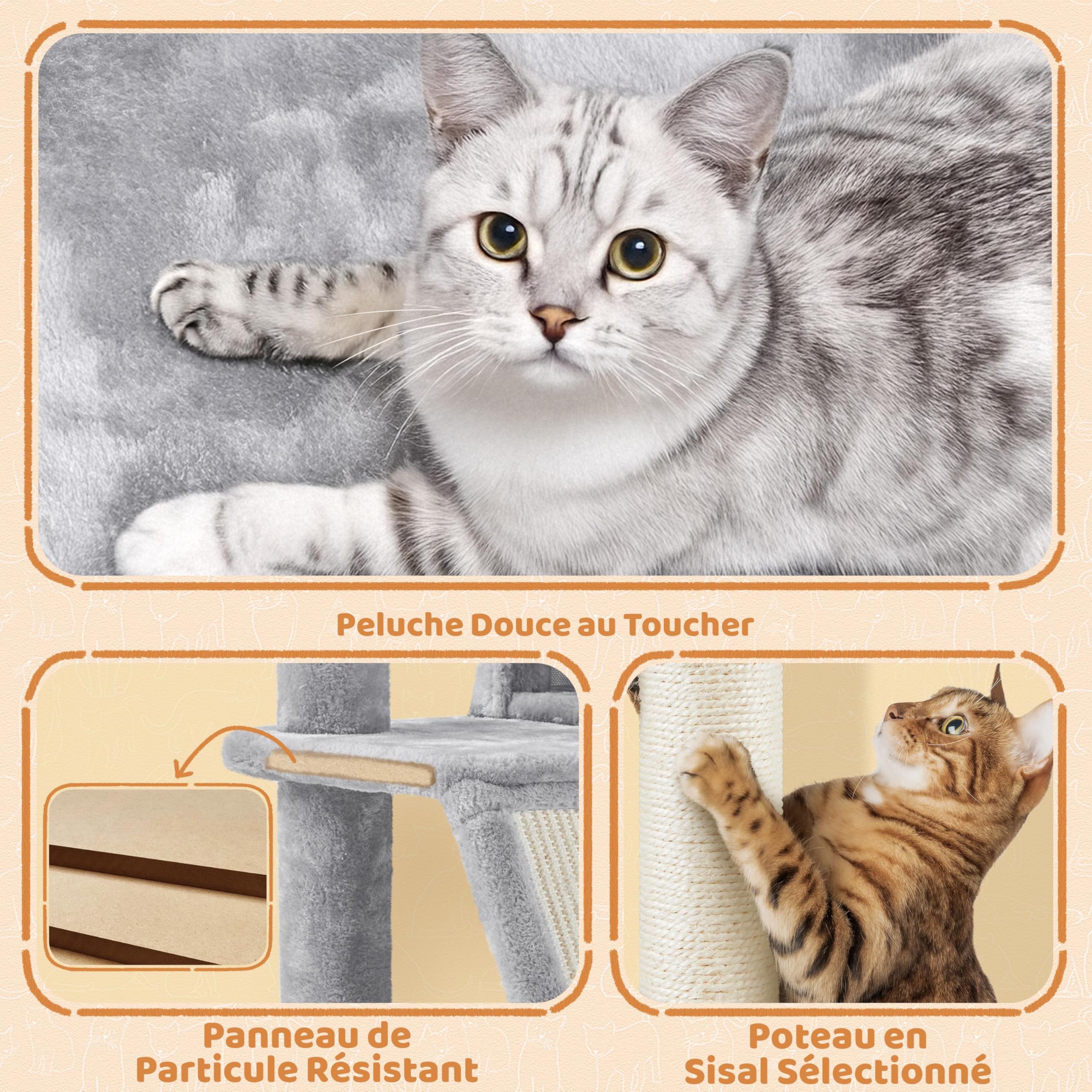 Yaheetech Arbre à Chat Multiniveau Tour pour Chat avec Cachettes Panier Perchoirs Rampe Poteaux en Sisal Boule Suspendue Tour d'escalade pour Chatons 145 cm de Haut Gris Clair