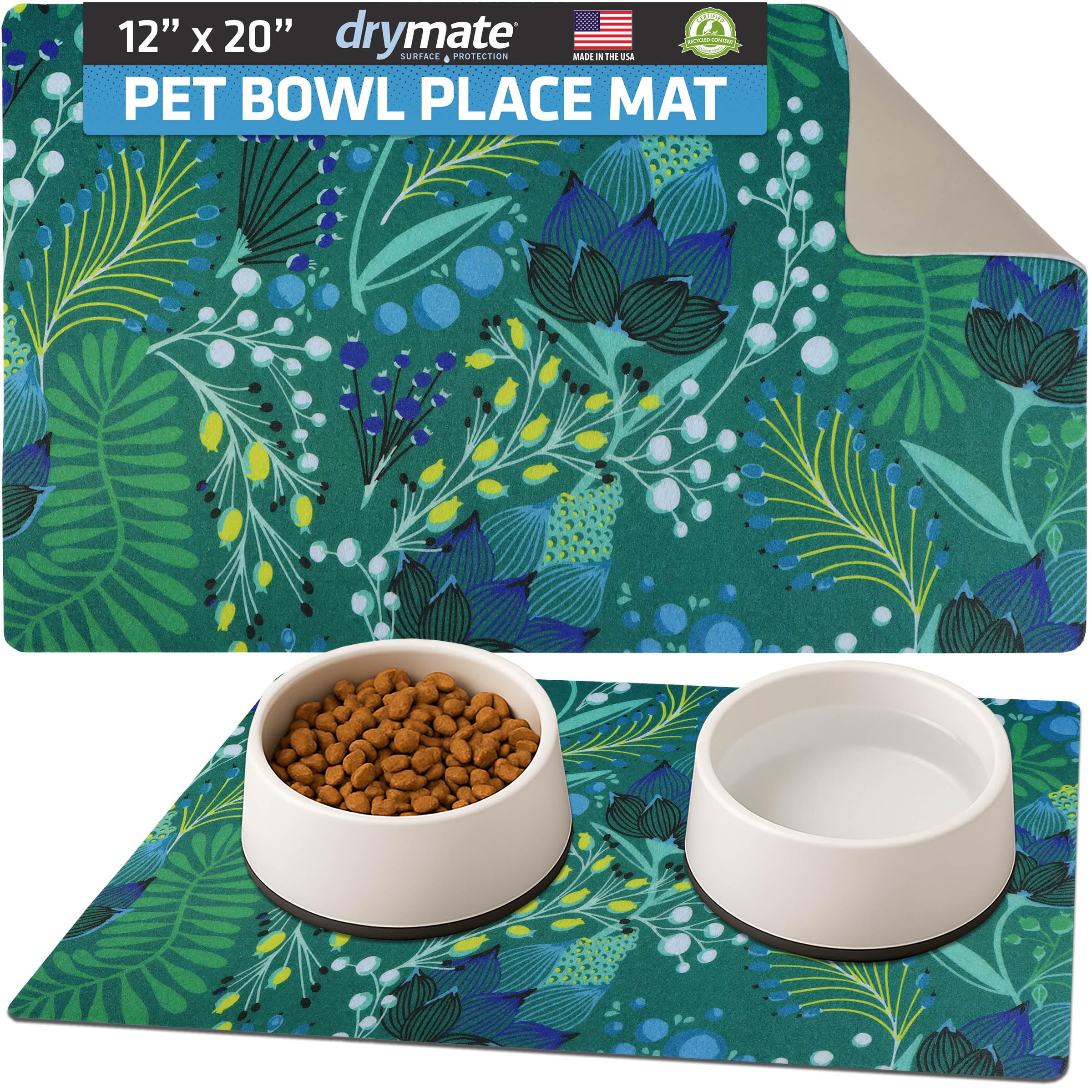 Drymate Pet Bowl Placemat, Dog & Cat Food Feeding Mat - Absorbent Fabric, Waterproof Backing, Slip-Resistant - Machine Washable/Durable (USA Made) (12