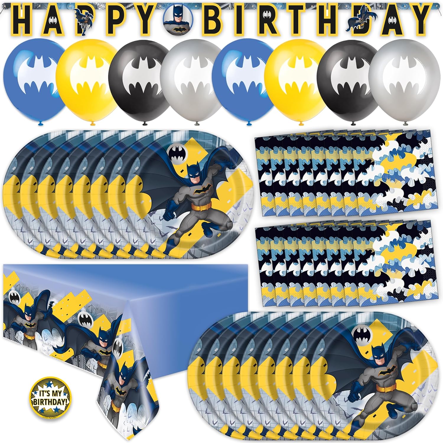 Batman Birthday Decorations | Serves 16 | Balloons, Banner, Tablecloth, Plates, Napkins, Sticker | Batman Party Decorations