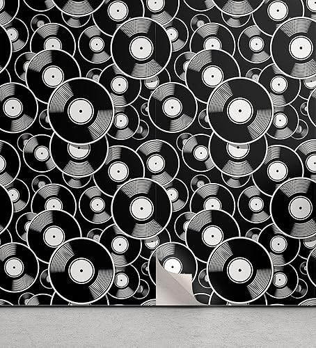Ambesonne Papel tapiz retro para el hogar, patrón musical de repetición de discos de interés musical, discos autoadhesivos para sala de estar,