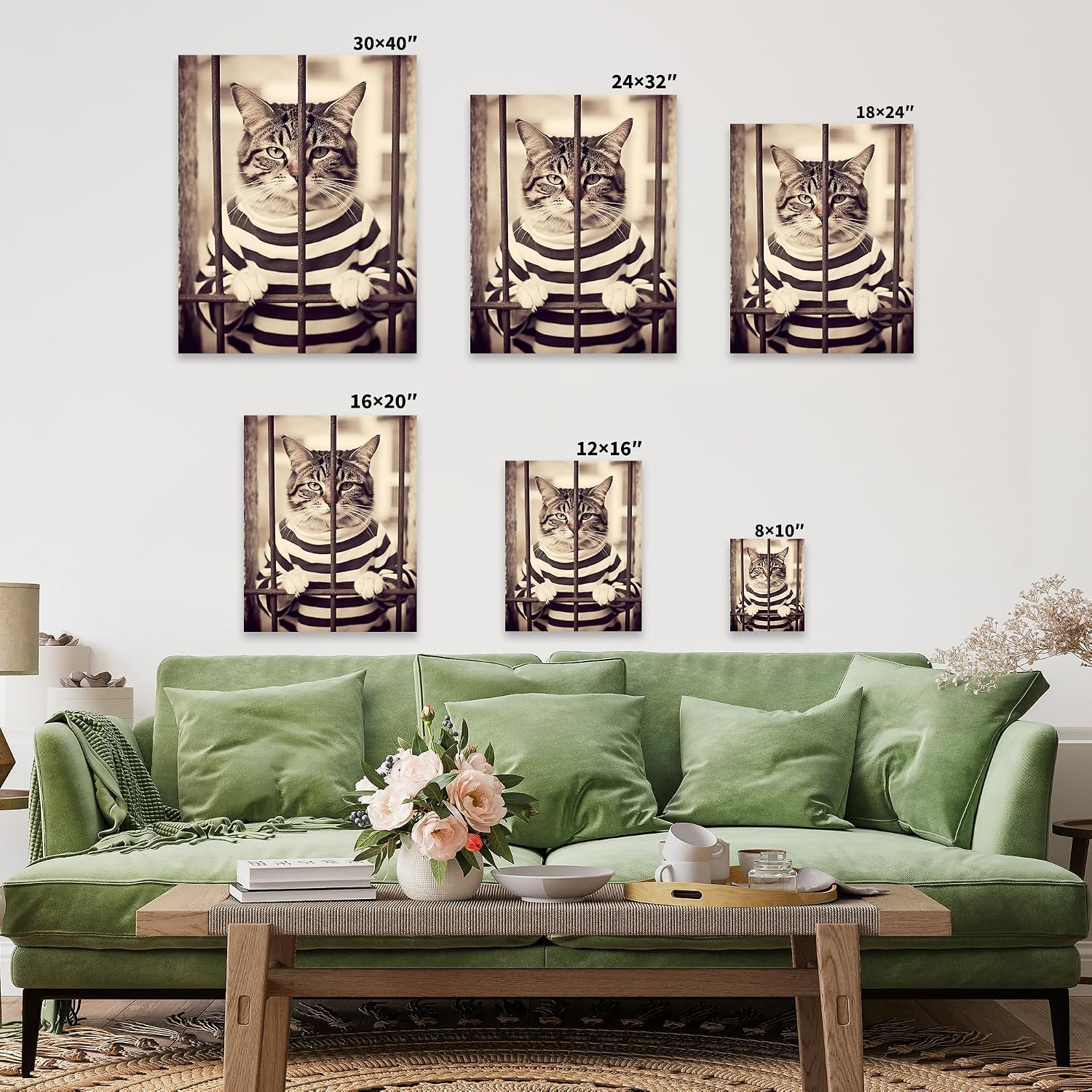 Poster Master Cat in Prison Canvas - Photograph Print - Prison Striped Suit Art - Gift for Him, Her & Animal Lover - Funny Wall Decor for Bedroom, Living Room or Office - 8x10 STRETCHED Canvas