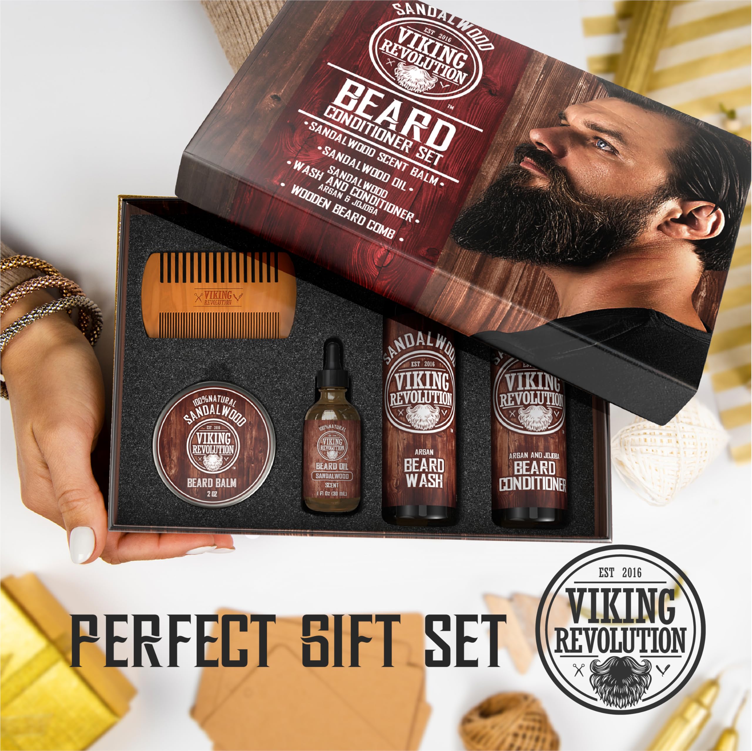 Viking Revolution - Kit Barba - Suaviza, Alisa y Calma la Picazón - Incluye Lavado, Acondicionador, Aceite, Bálsamo y Peine - Sandalo - Regalo Hombre