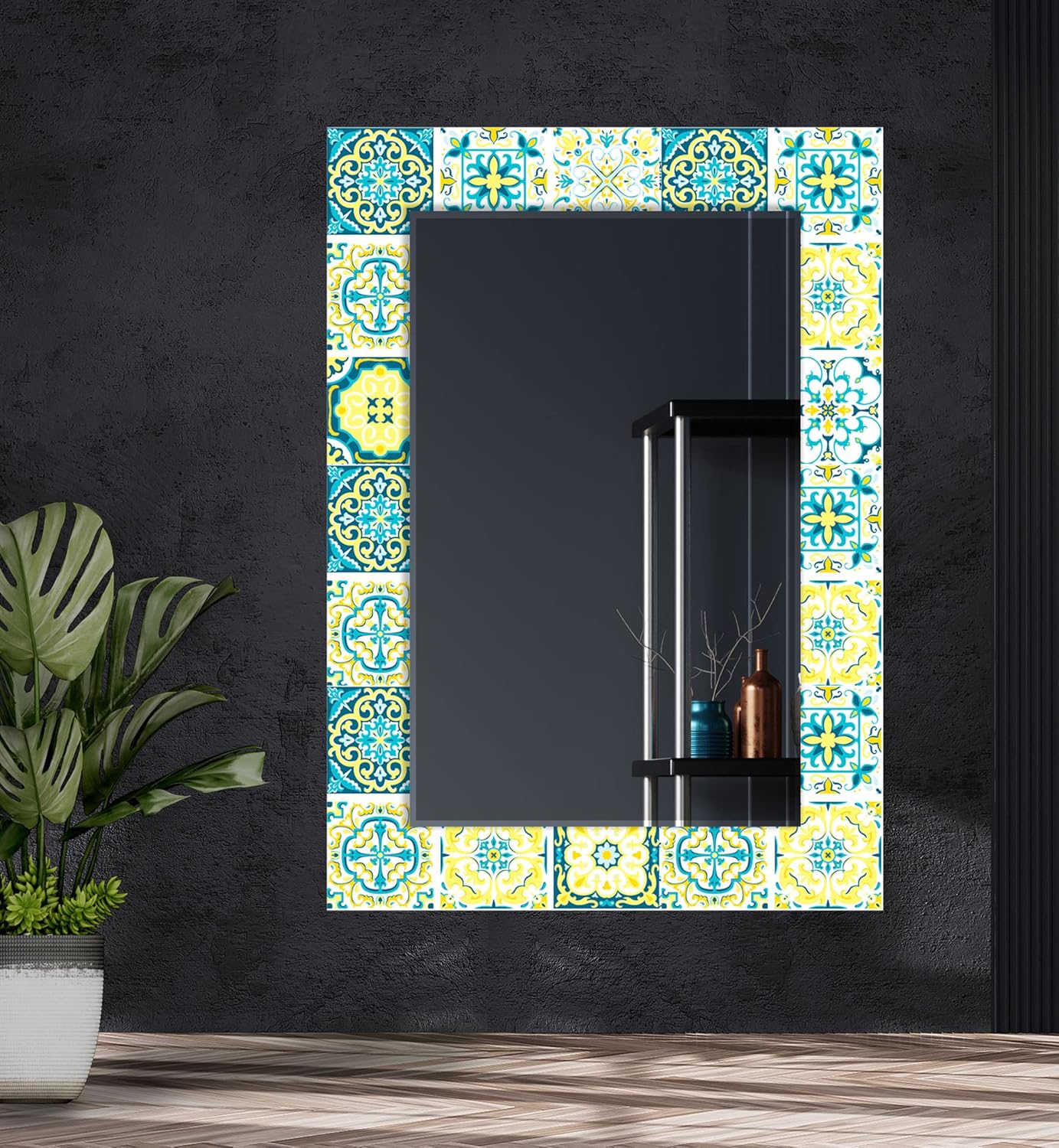 Tempered Glass Wall Mirror 20x27.5''(Vertical) Entryway Decor Bathroom Mirror Wall Decor for Bedroom-Boho Ethnic Mirror Decal-Mosaic Pattern Talavera Mirror
