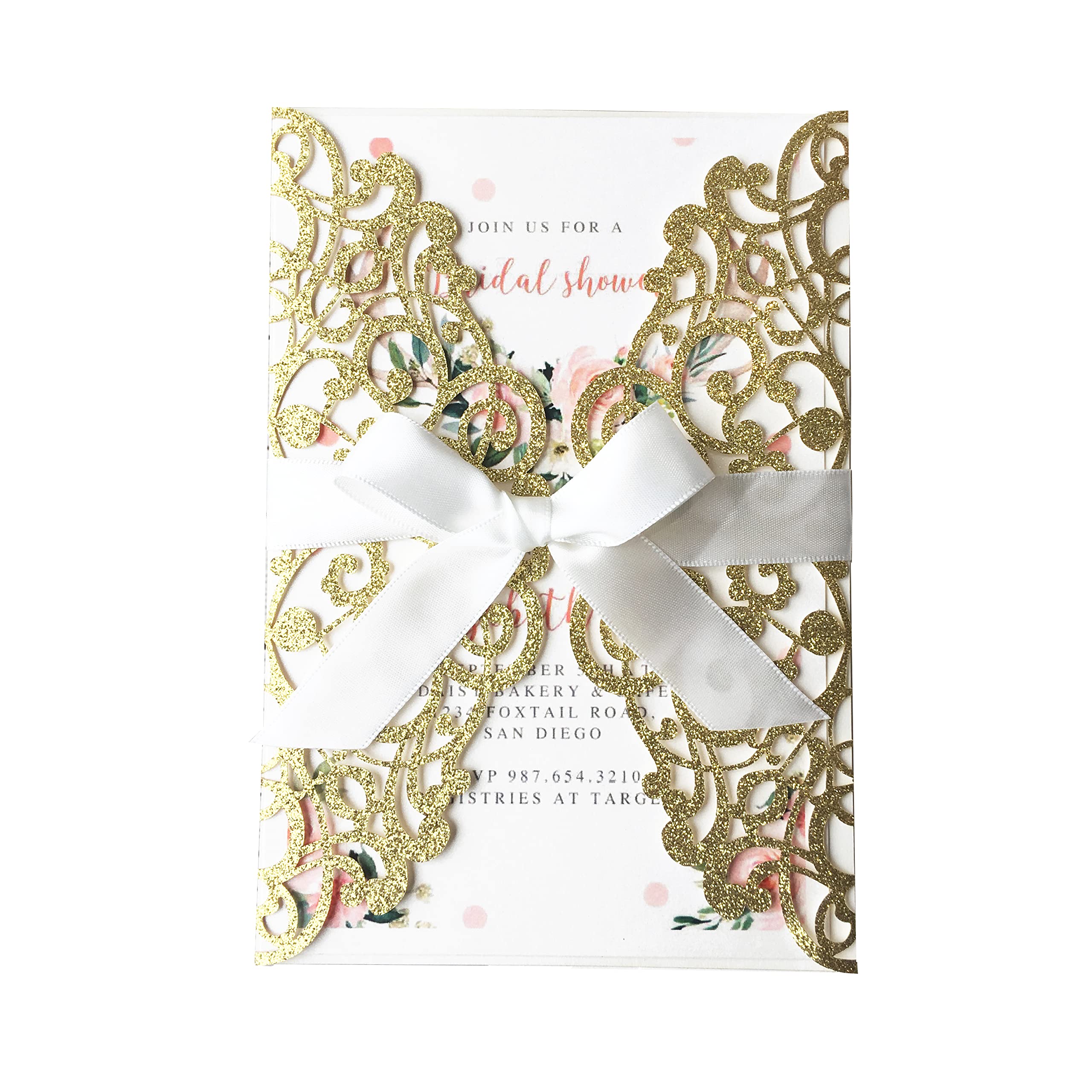 Tarjetas de invitaciones de boda cortadas a láser con purpurina dorada con lazos y sobres de color marfil para despedida de soltera, compromiso, cumpleaños, graduación, 20 unidades