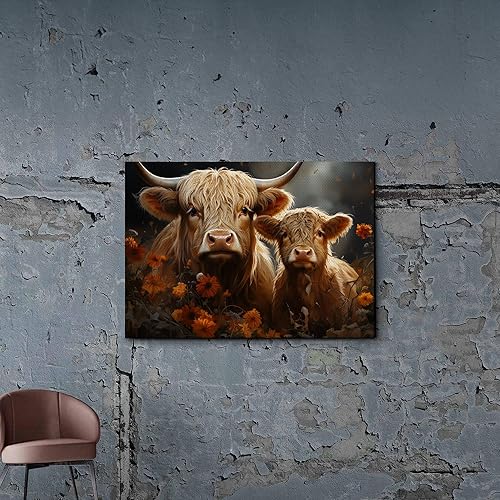Highland Cow Wall Art, This Is Our Happy Place Inspirational Canvas Poster for Home, Long Haired Scottish Cow with White Flower Picture Farmhouse