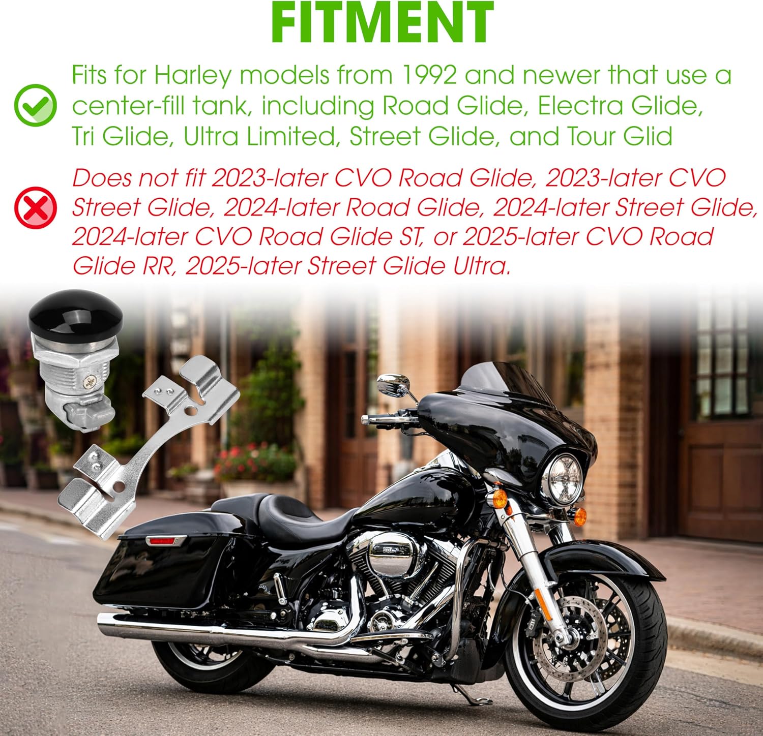 Fuel Door Push Button Gas Cap Fit for Harley 1992-2024 Touring Street Glide, Tour Glide, Road Glide, Electra Glide, Ultra Limited, for 2014-2025 Tri Glide Ultra, Latch Panel Oil Tank Accessories