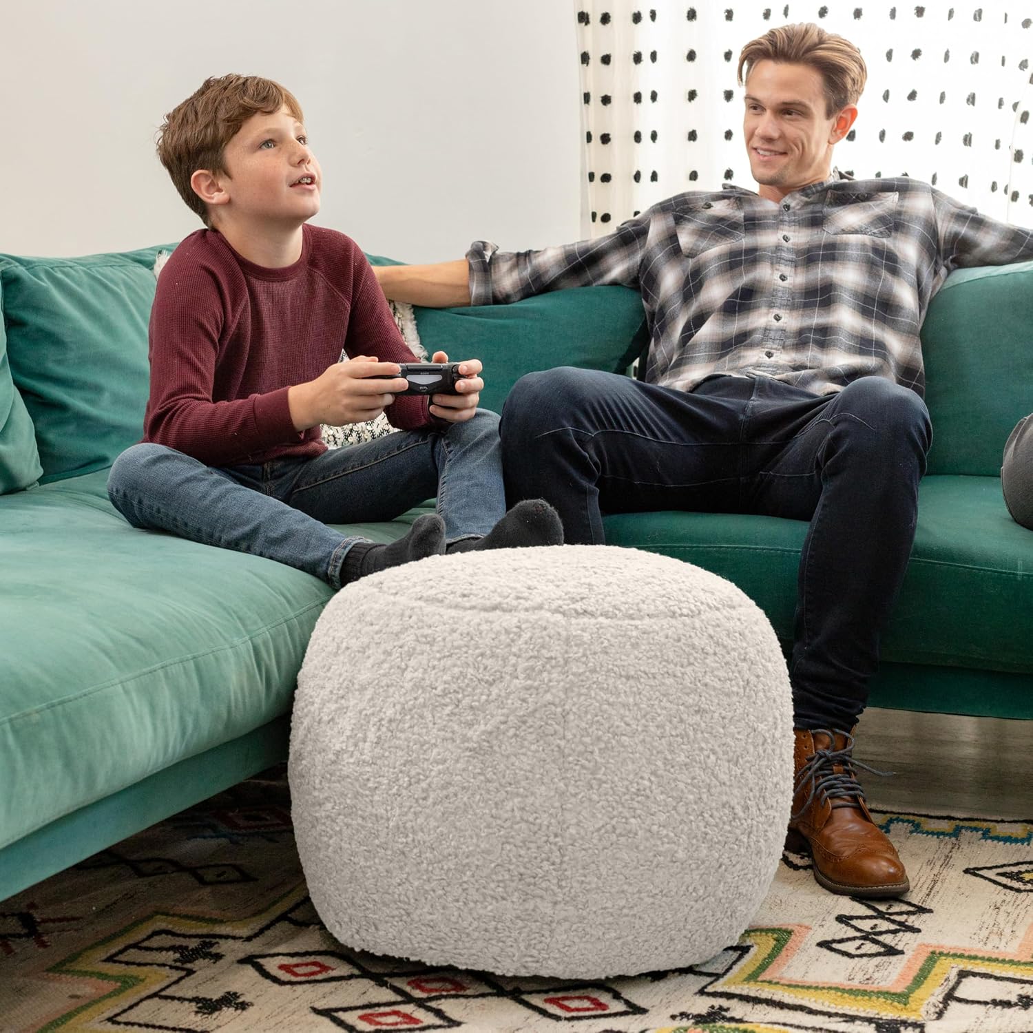 Jaxx Ellis Ottoman Shearling Faux-Lamb Plush Pouf for Modern Interior Design, Small, Cloud