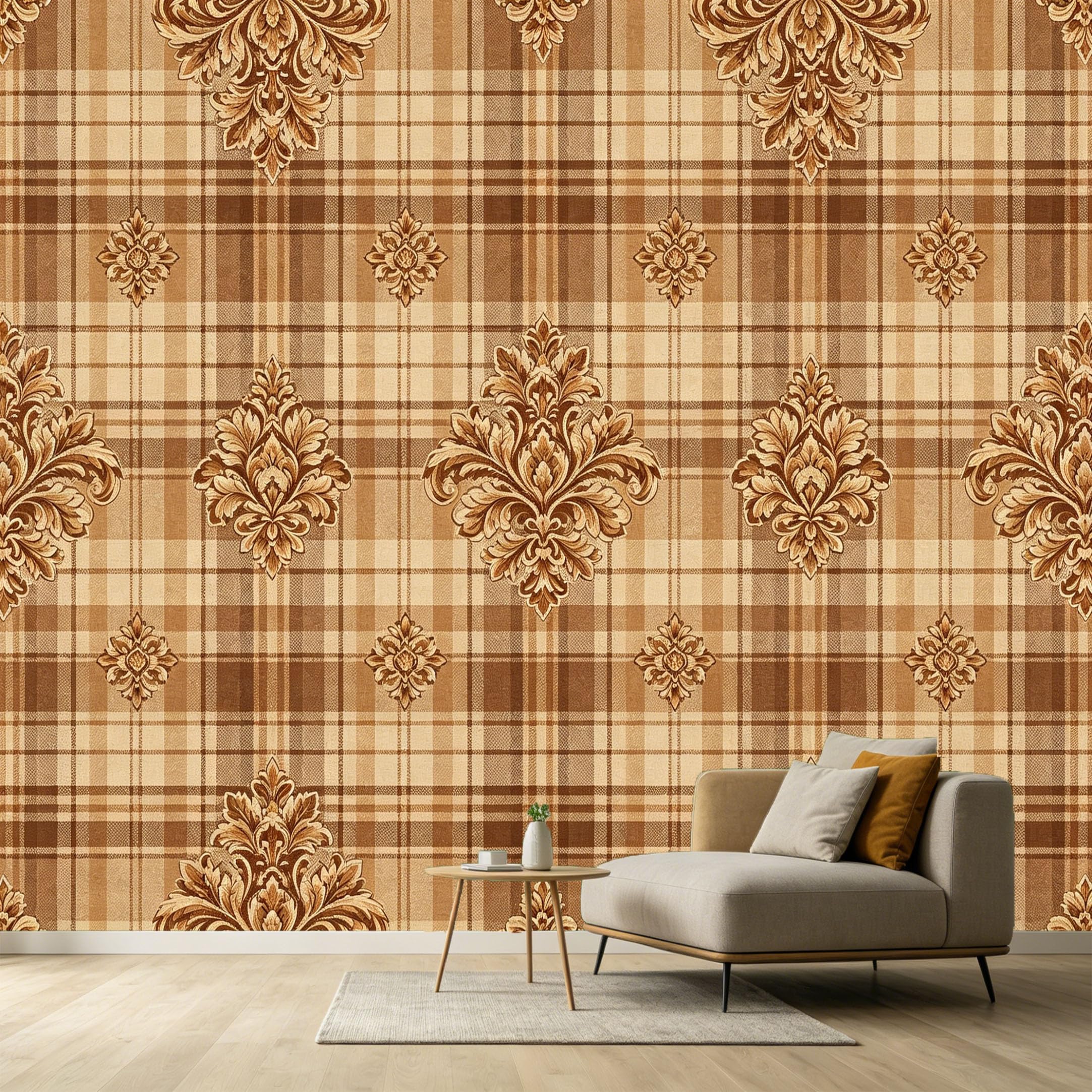 Custom Size Wall Murals Classic Brown Plaid Pattern Vintage Neoclassical Damask Motif SelfAdhesive Wall Fabric Removable Large Wallpaper for Photo Living Room