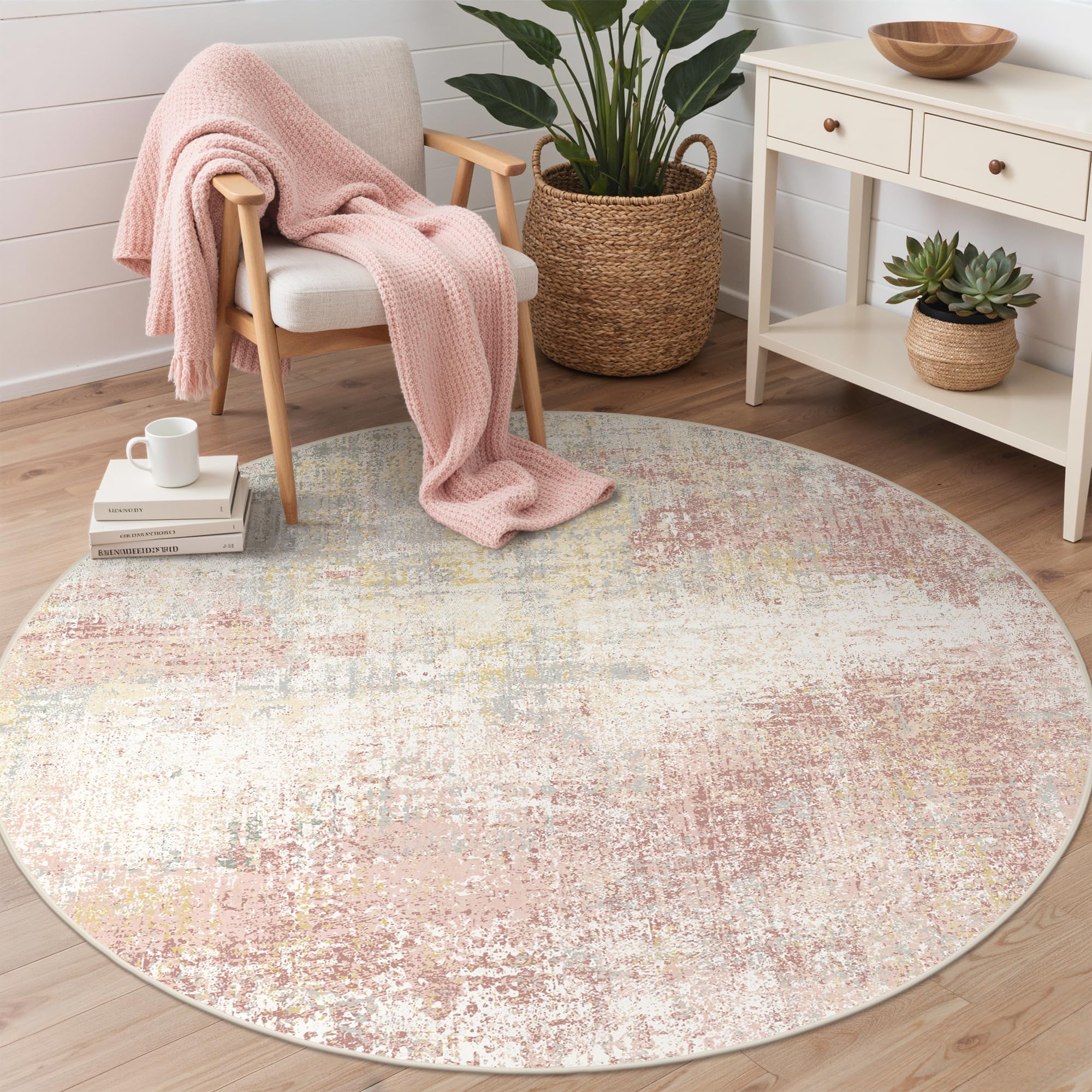 BEIMO Circle Washable Rug 120cm – Soft Abstract Area Carpet Non-Slip Backing, Machine Washable Bedside Rugs for Bedroom, Living Room & Nursery, Rose Gold