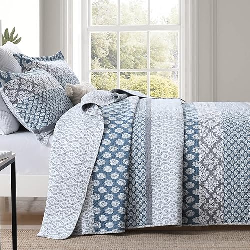 Miniatura 7 de KALOOLA Edredón tamaño King 100 algodón juego de ropa de cama King con rayas florales azules y grises colcha King reversible ligera para todas las